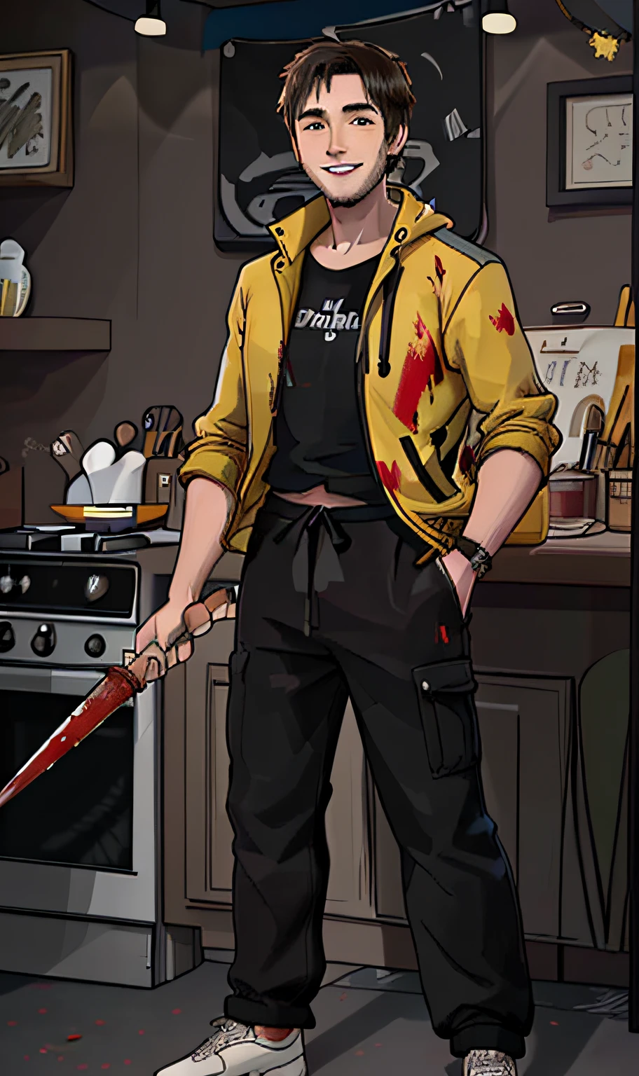 Masterpiece, Best quality, A high resolution, 8K, 4K, offcial art, of a guy，Yellow jacket， Black sweatpants， holding a kitchen knife， There was blood on his clothes， Bad smile， Clean cheeks