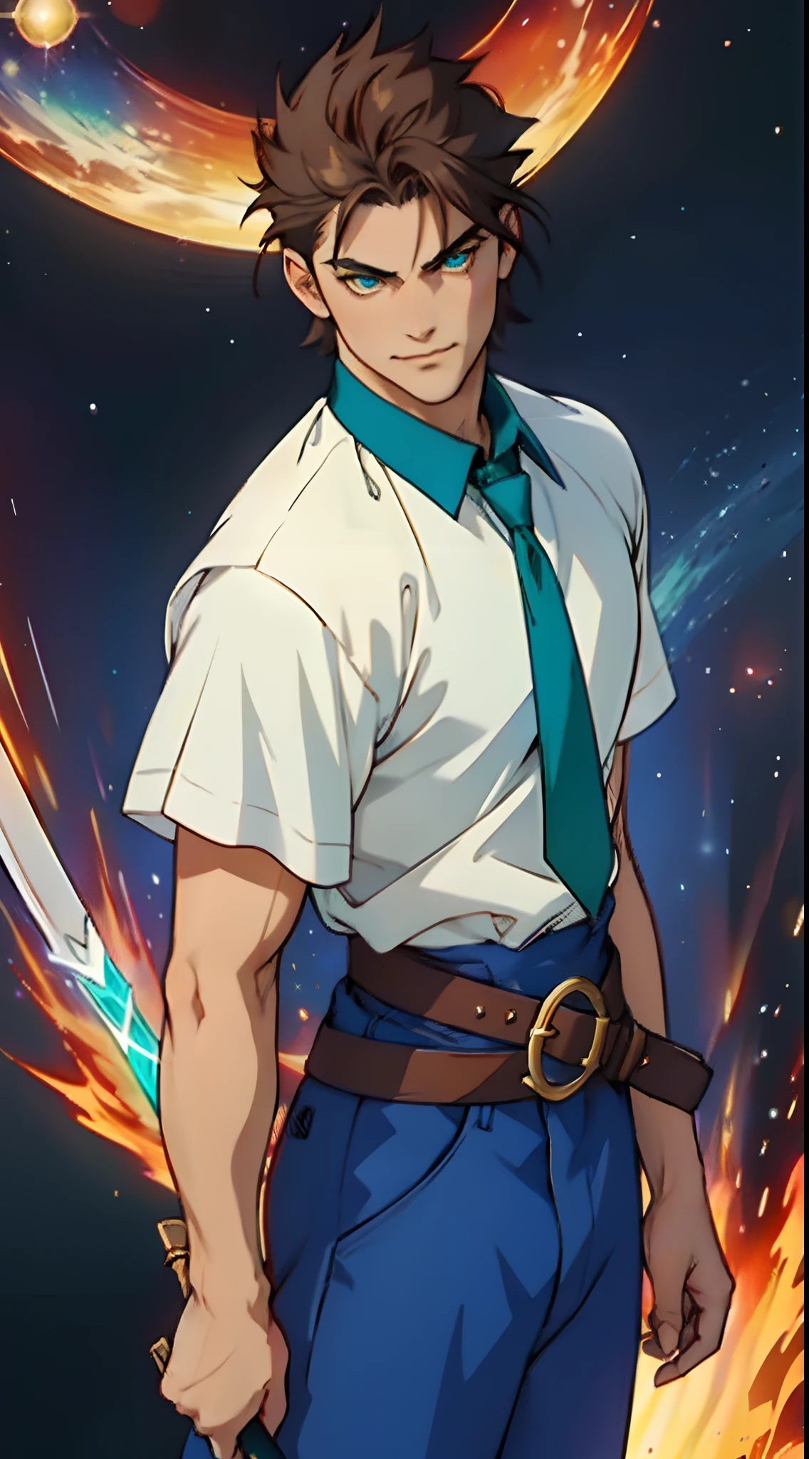 An elderly man with short dark blue hair, a fierce gaze, a wild toothy grin, a fantasy-style outfit of leather armor and a white shirt, a white chest armor with dark blue stripes on the edges, he holds a phantom dagger, dagger emitting a faintly green glow, a belt tied around his waist, cloth trousers, the background shows the vastness of the cosmic stars, this character embodies a finely crafted fantasy-style swordsman in anime style, characterized by an exquisite and mature manga illustration art style, high definition, best quality, highres, ultra-detailed, ultra-fine painting, extremely delicate, professional, anatomically correct, symmetrical face, extremely detailed eyes and face, high quality eyes, creativity, RAW photo, UHD, 8k, Natural light, cinematic lighting, masterpiece:1.5