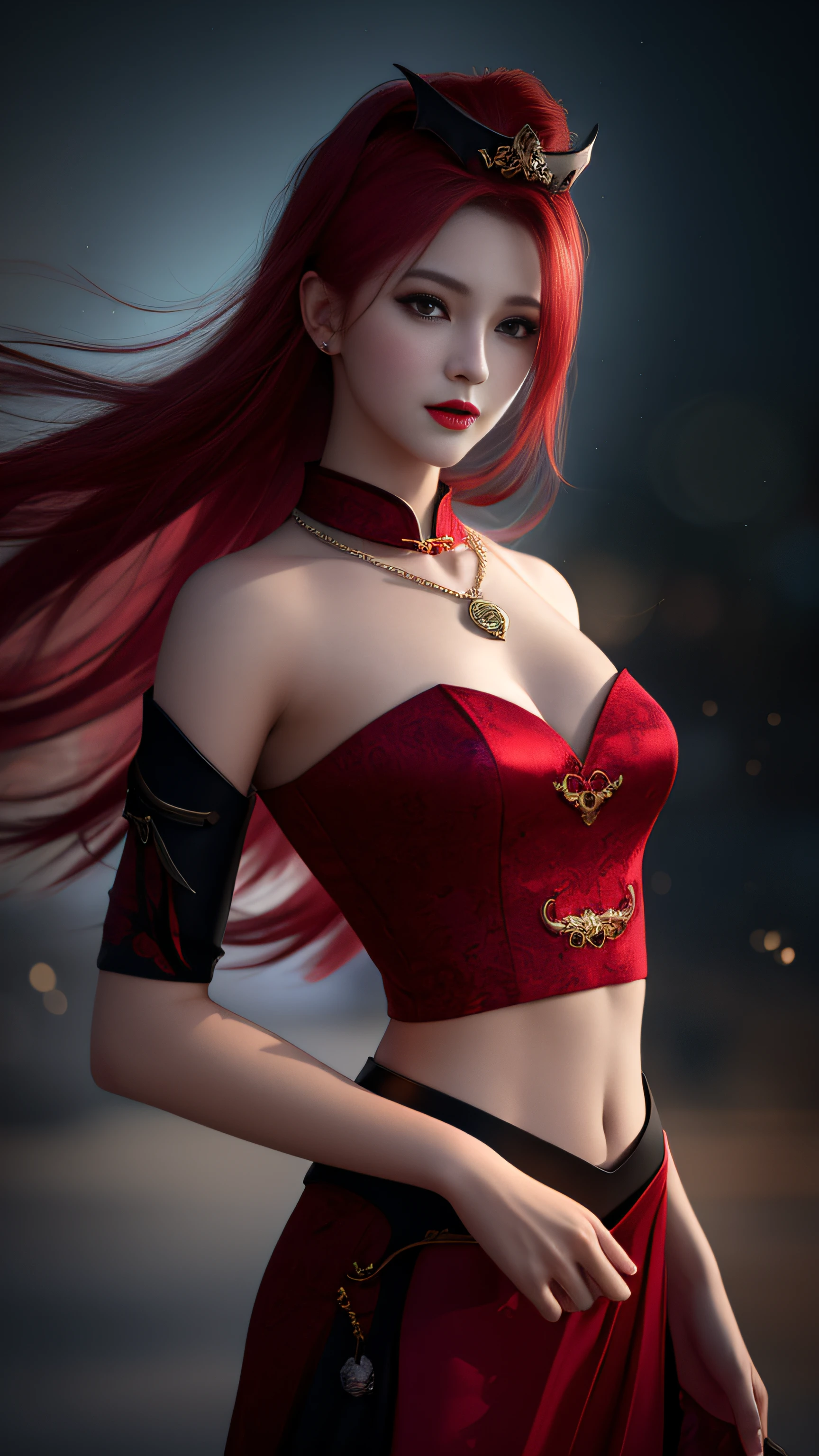 Vampire, Best Quality, Masterpiece, Hi-Res, One Girl, Cheongsam, Red Hair, Headwear, Necklace, Jewelry, Beautiful Face, On Body, Tyndall Effect, Photorealistic, Dark Studio, Rim Lighting, Two Tone Lighting, (High Definition Skin: 1.2 ), 8k uhd, DSLR, soft lighting, high quality, volumetric lighting, candid, photography, high definition, 4k, 8k, bokeh