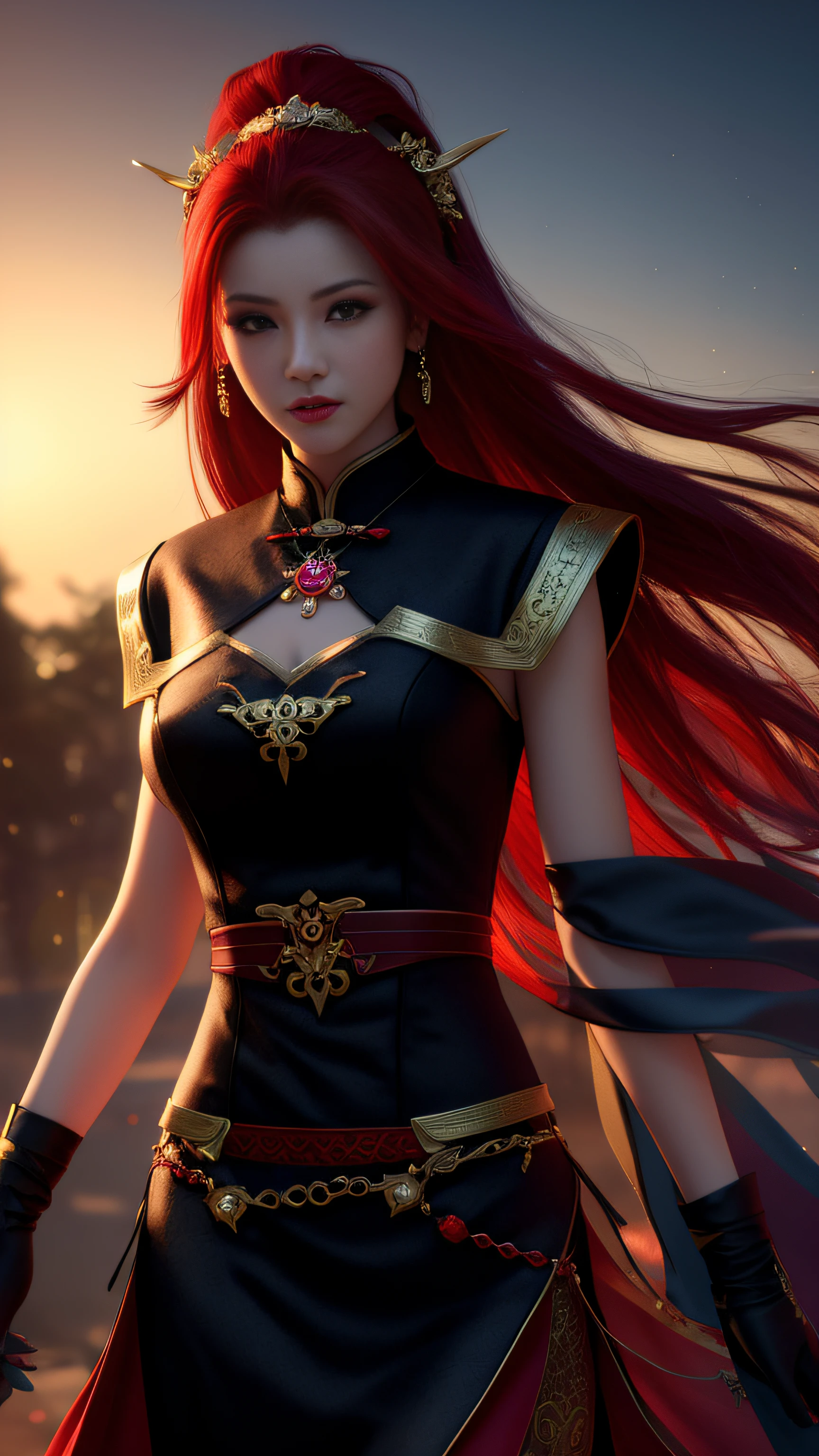 Vampire, Best Quality, Masterpiece, Hi-Res, One Girl, Cheongsam, Red Hair, Headwear, Necklace, Jewelry, Beautiful Face, On Body, Tyndall Effect, Photorealistic, Dark Studio, Rim Lighting, Two Tone Lighting, (High Definition Skin: 1.2 ), 8k uhd, DSLR, soft lighting, high quality, volumetric lighting, candid, photography, high definition, 4k, 8k, bokeh