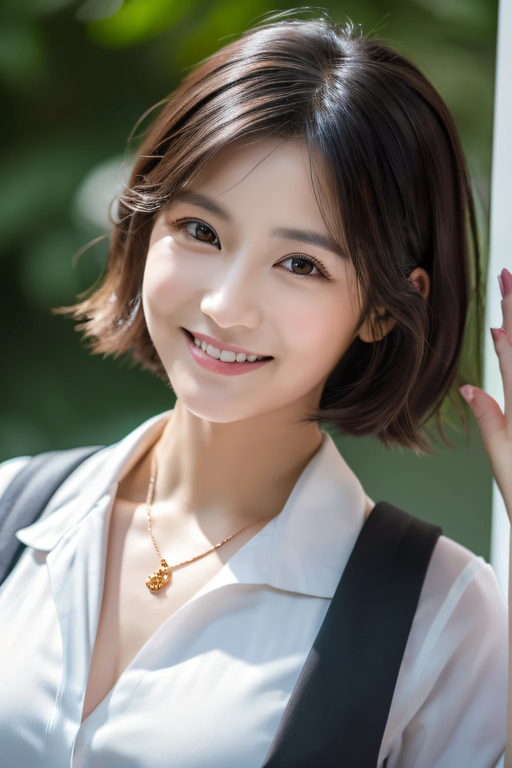 (masterpiece:1.3), (8k, photorealistic, RAW photo, best quality: 1.4), japanese, (1girl), beautiful face, (realistic face), (black hair, short hair:1.3), beautiful hairstyle, realistic eyes, beautiful detailed eyes, (realistic skin), beautiful skin, attractive, ultra high res, ultra realistic, highly detailed, golden ratio, (detaled face:1.2),looking at viewer,smile,open white shirt,medium breasts,standing,hand on hip