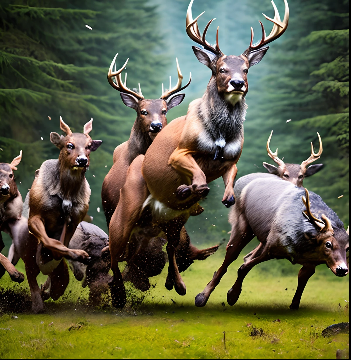 create a image in which a stag is being attacked by hounds in a thick forest.