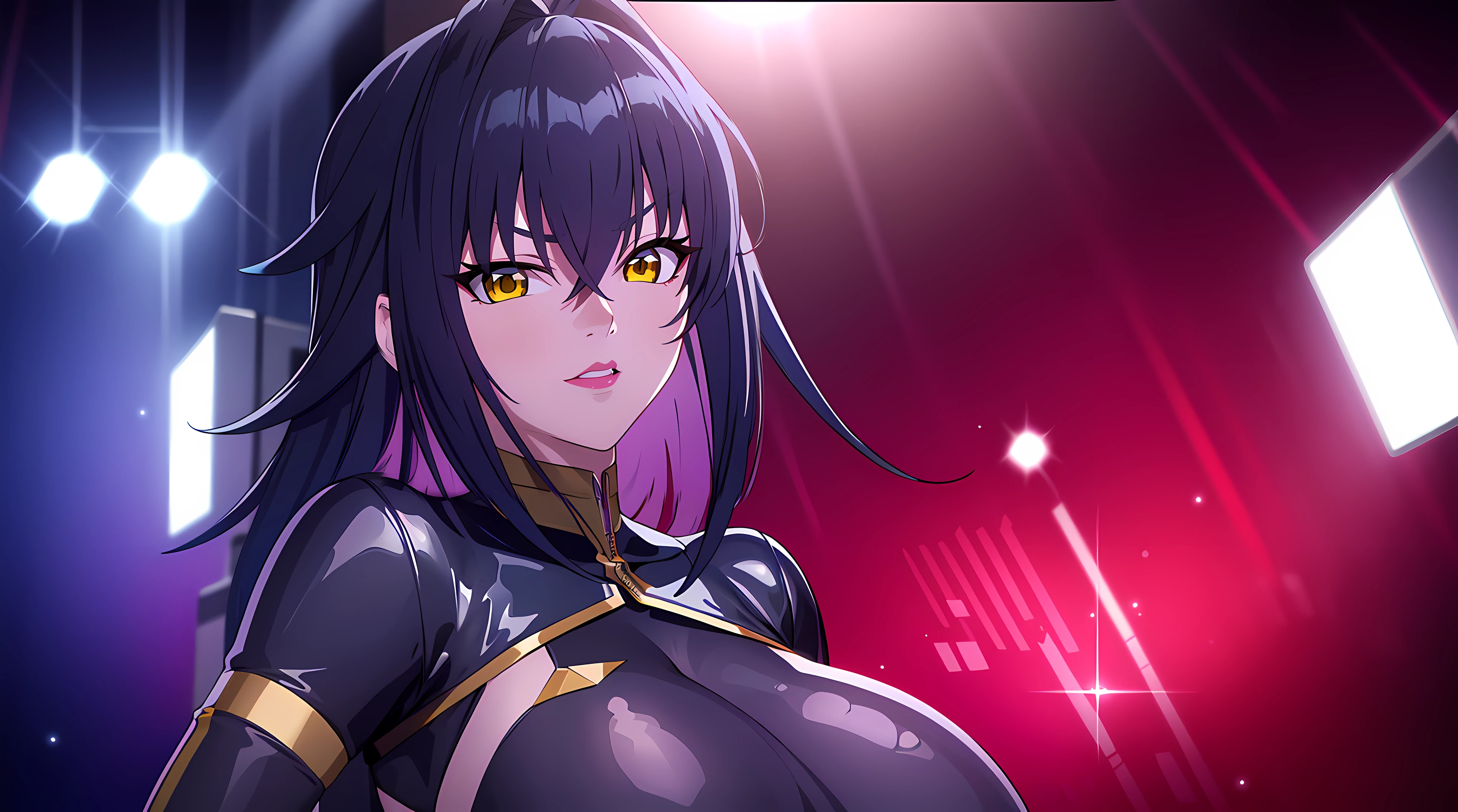 professional artwork, Intricate Details, field of view, sharp focus, detailed painting, photorealistic lighting, trending on pixiv, (masterpiece:1.0),(best_quality:1.0), ultra high res,4K,ultra-detailed, photography, 8K, HDR, highres, absurdres:1.2, Kodak portra 400, film grain, blurry background, bokeh:1.2, lens flare, (vibrant_color:1.2),
(Annerose:1), 1girl, female mature, black hair, long hair, yellow eyes, large breasts, bodysuit, higheels, shiny clothes, skin tight, hair intakes, covered breasts, pose invited,
simple plain white background, (solo:1.5),