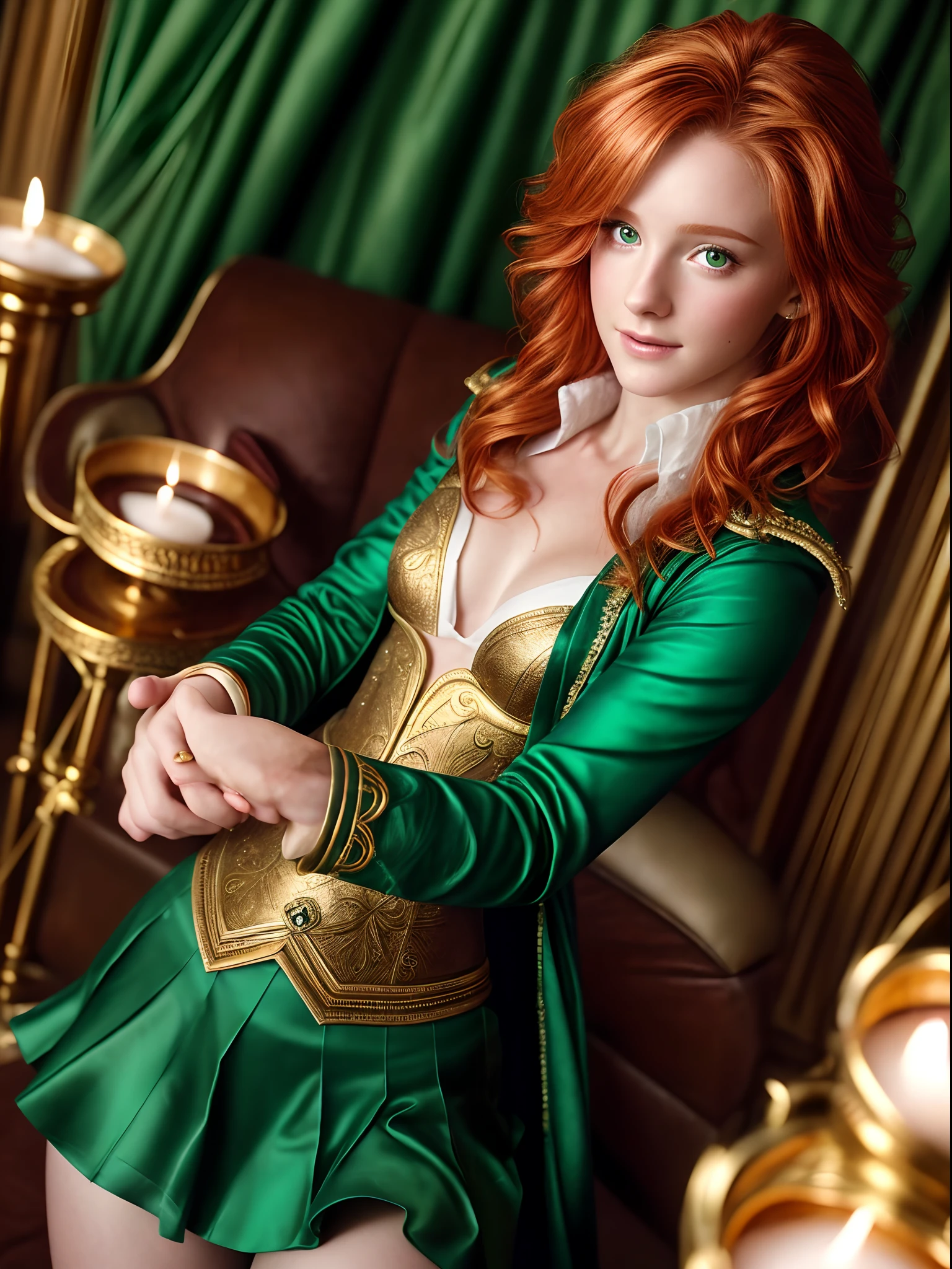 Realistic, photorealistic, RAW photo, ultra detailed , beautiful 19 years old woman, Leprechaun, green outfit with gold decorations, short skirt, ginger hair, extremely sexy, beautiful detailed face, cute face and eyes, pleasure, small breasts, dinamic pose, perfect anatomy, Slim physique, happy, St Patrick  day aesthetic, clovers, professional photoshoot, cinematic light, Centered image, dinamic, in motion,  approaching perfection, canon 6d, detailed ireland background, fine facial traits, (depth of field), film grain, Kodak Portra 400, cinematic composition