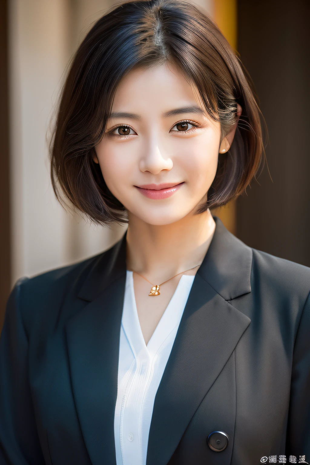 (​masterpiece:1.3), (8K, Photorealsitic, RAW Photography, Top image quality: 1.4), japanes, (1girl in), beauitful face, (lifelike face), (A dark-haired, short-hair:1.3), Beautiful hairstyle, realisticeyes, Eyes in Beautiful Details, (real looking skin), Beautiful skins, enticing, 超A high resolution, A hyper-realistic, High Detail, the golden ratio, (Detal Face:1.2), see the beholder, a smile, opened white shirt, middlebreast,is standing, put hands on the hip, Wearing a uniform, Wearing a diamond necklace