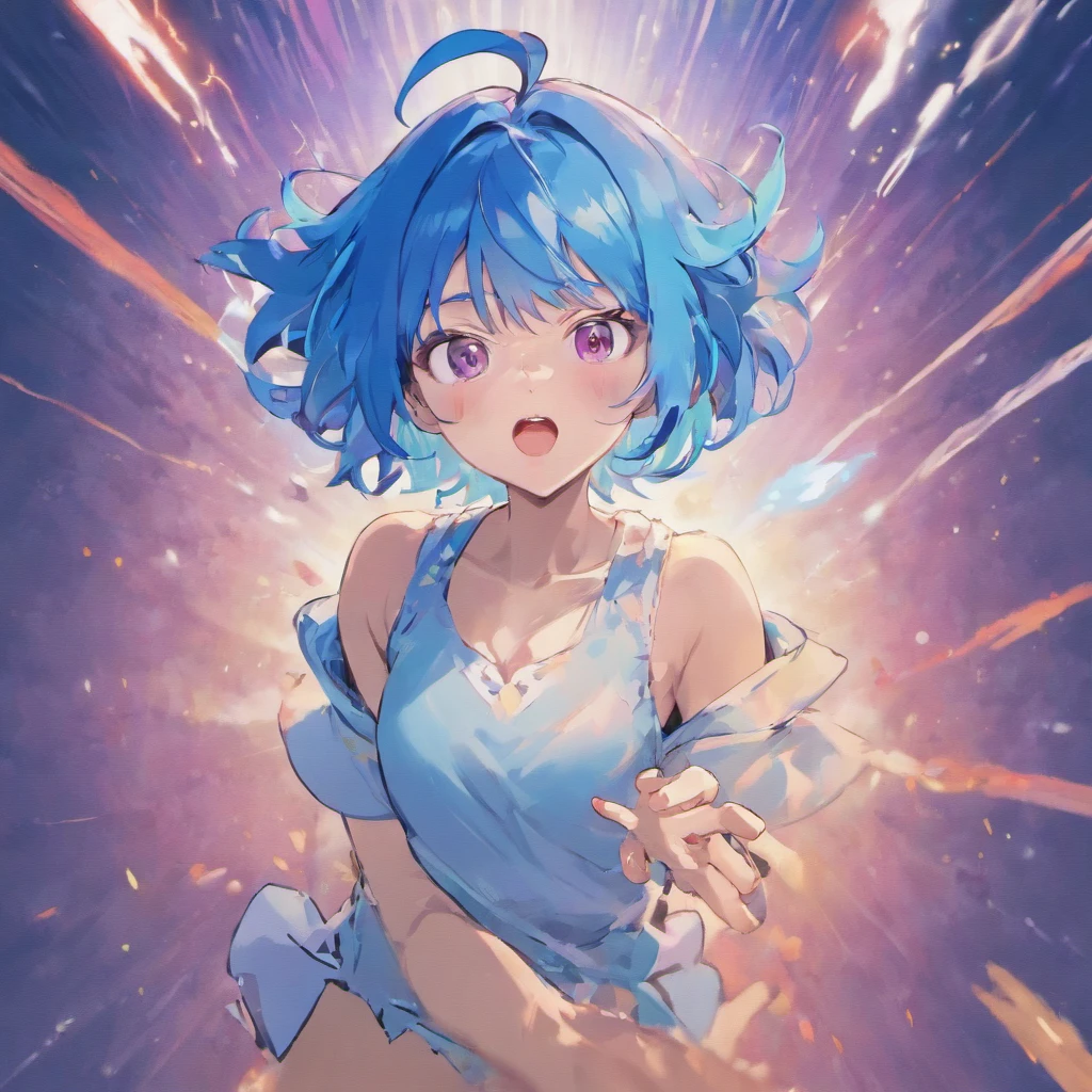 stability、High quality、Girl vs、Blue-haired、White T-Shirts、thunderclap
