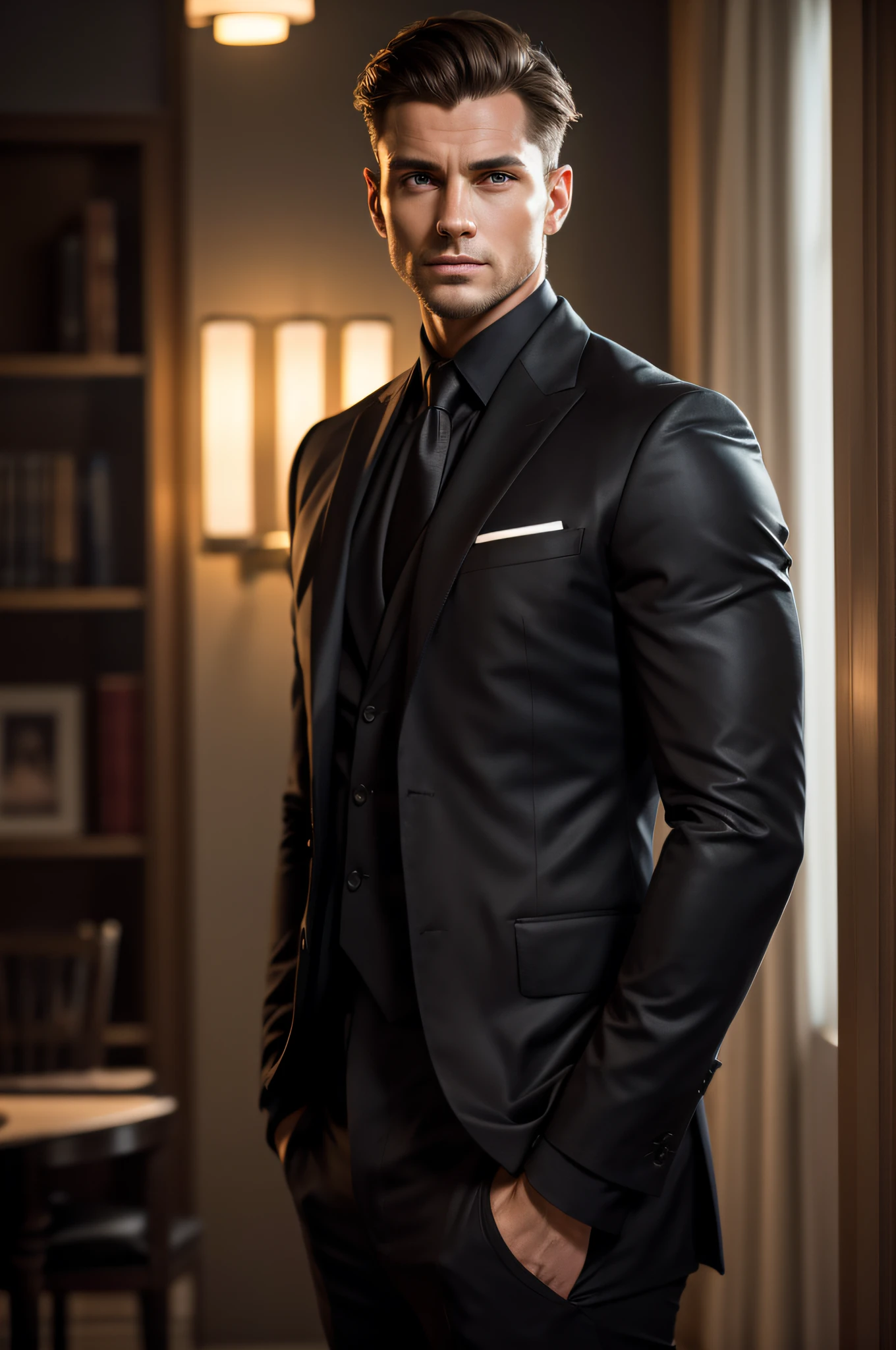 Professional Whole Body Photo, (Photo 4k:1.1) From (Jeremy Lipking:0.3), (Dittmann Anna:0.3), (Cecile:0.3), (Accurate Focus:1.3), High Precision, Elegant Man, Black Suit, City, Brown Hair, Instagram Pose, Muscular & Confident Man, perfect anatomy, perfect symmetry: 1.2, realistic face: 1.2, perfect face, content, confident, very detailed and dramatic, cinematic lighting, Light scene, soft lights
