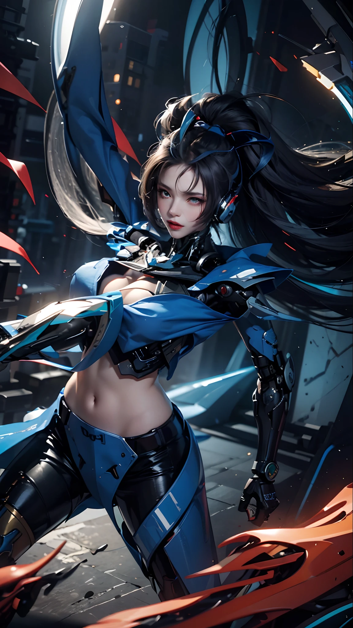 Highest image quality, outstanding details, ultra-high resolution, (realism: 1.4), the best illustration, favor details, highly condensed 1girl, with a delicate and beautiful face, dressed in a black and blue mecha, wearing a mecha helmet, holding a directional controller, riding on a motorcycle, the background is a high-tech lighting scene of the future city.