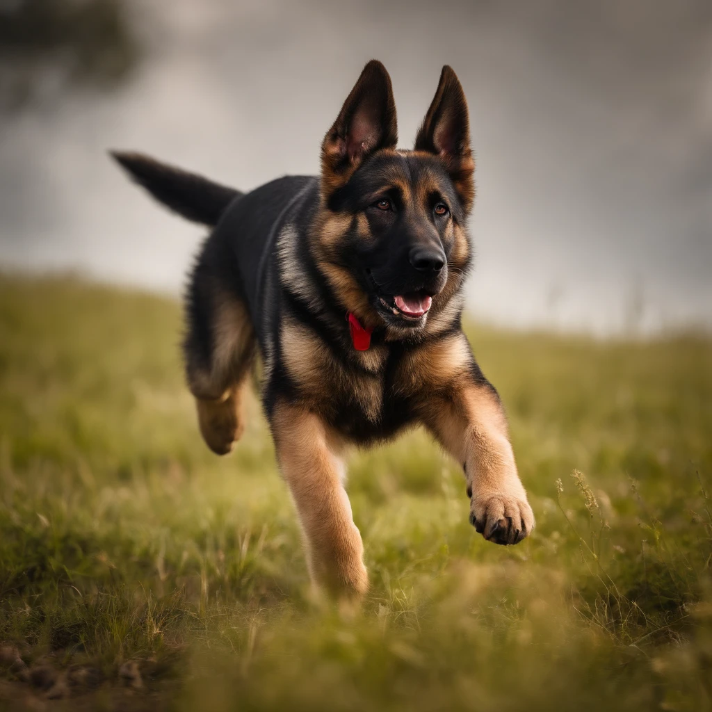 A German Shepherd puppy in a meadow chasing a ball. The day is bright.