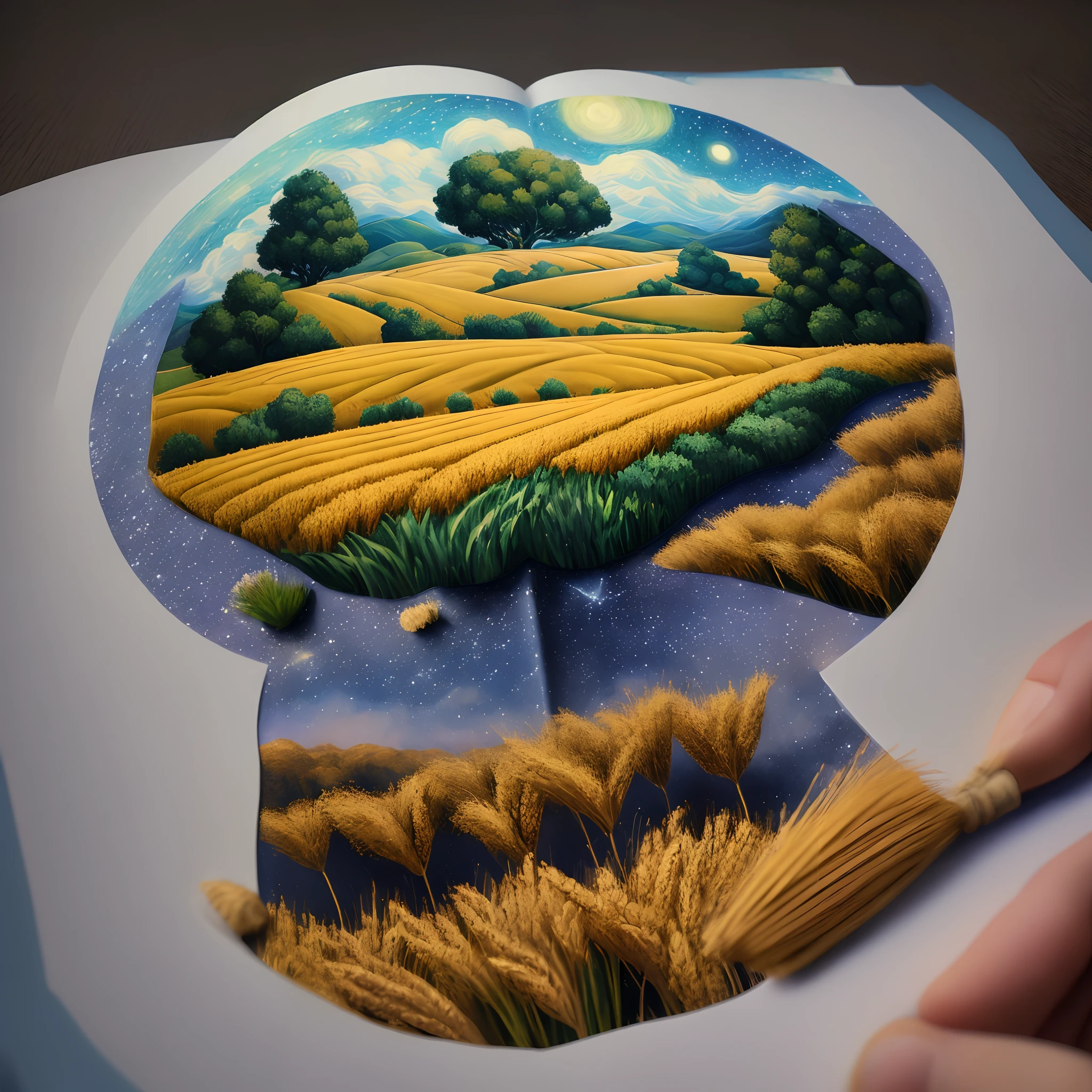 (((​masterpiece)))、best qualtiy、illustratio、Beautiful detail glow、 paper_cut、Fantasia、Simple background、No humans、starrysky、Vincent van Gogh\(styles\)、The tree、vila、Wheat field、