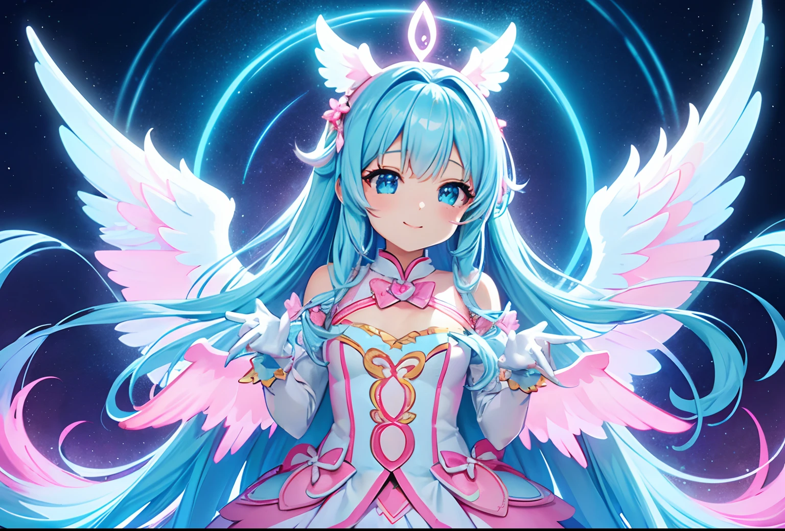 Colorful glowing angel wings、Kawaii Girl、adorable smiling、Light blue long hair、Twin-tailed、Colorful angel costume、Pink and white costume ((top-quality))、((masterpiece))、(ighly detailed、highestdetailed、Official art、Beautifully Aesthetic:1.2)