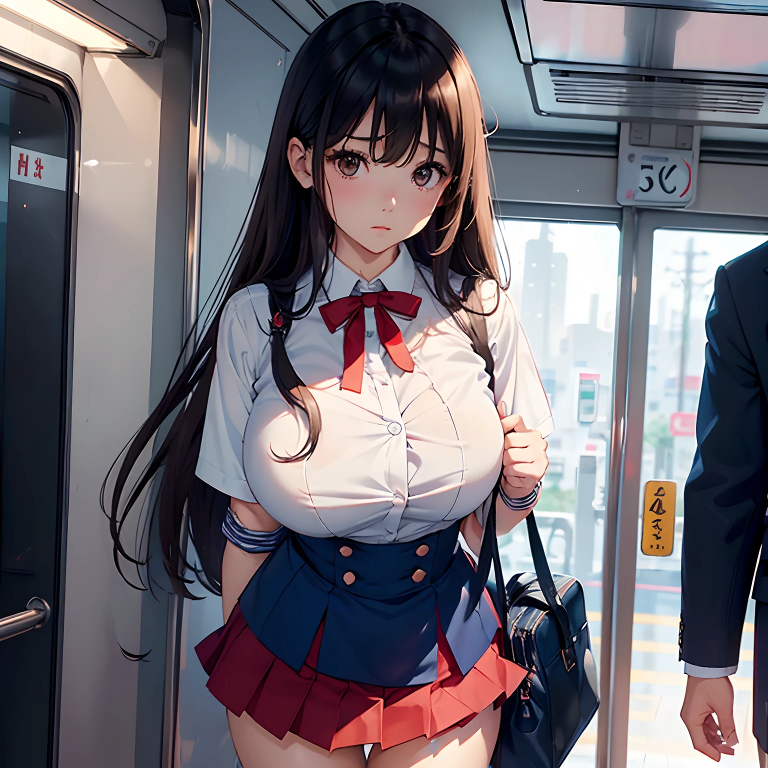 hi-school girl、Dark blue blazer、white shirt、Red Big Ribbon、(Super Mini Flared Skirt), lowfers,Light Brown Fringe Longhair、disheveled hair、Light brown eyes、(Shy look)、(Photorealsitic)、(intricate detailes:1.2)、(masterpiece、:1.3)、(top-quality:1.4)、(超A high resolution:1.2)、超A high resolution、(huge-breasted:1.5)、cleavage of the breast、(A detailed eye)、(detailed facial features)、nffsw、8K分辨率、a short skirt、I'm worried about seeing my underwear、Touching the skirt、beauty legs、facing the front there、frombelow、Standing on the train、School bag
