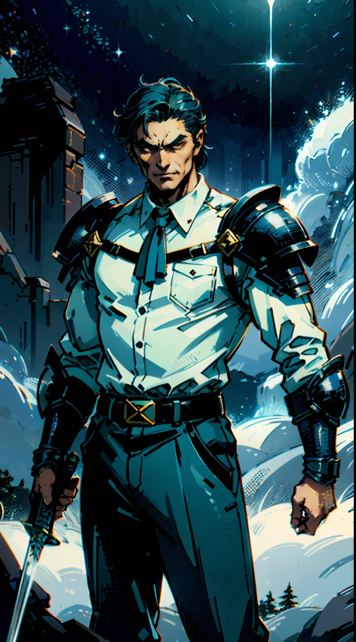 An elderly man with short dark blue hair, a fierce gaze, a wild toothy grin, a fantasy-style outfit of leather armor and a white shirt, a white chest armor with dark blue stripes on the edges, he holds a phantom dagger, dagger emitting a faintly green glow, a belt tied around his waist, cloth trousers, the background shows the vastness of the cosmic stars, this character embodies a finely crafted fantasy-style swordsman in anime style, characterized by an exquisite and mature manga illustration art style, high definition, best quality, highres, ultra-detailed, ultra-fine painting, extremely delicate, professional, anatomically correct, symmetrical face, extremely detailed eyes and face, high quality eyes, creativity, RAW photo, UHD, 8k, Natural light, cinematic lighting, masterpiece:1.5