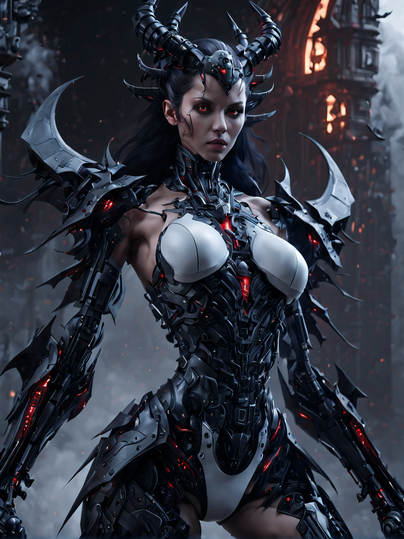 (((Top Quality: 1.4))), (Art by Wadim Kashin),intricate details,(Unparalleled Masterpiece),(Ultra High Definition),(Ultra-Realistic 8k CG), cyborg succubus ,beautiful female cyborg character, highly detailed mechanical body ,horror, highly detailed curvy body, highly detailed gothic clothes , in devil's palace,8 life size, eerie white light makes gradient of shadows  and adds depth to images, (magic mysterious background, glowing particles, ethereal fog, faint darkness), hype realistic cover photo awesome full color, Cinematic, (hyper detail: 1.2),, perfect anatomy, cyborg style,(half body image:1.5)