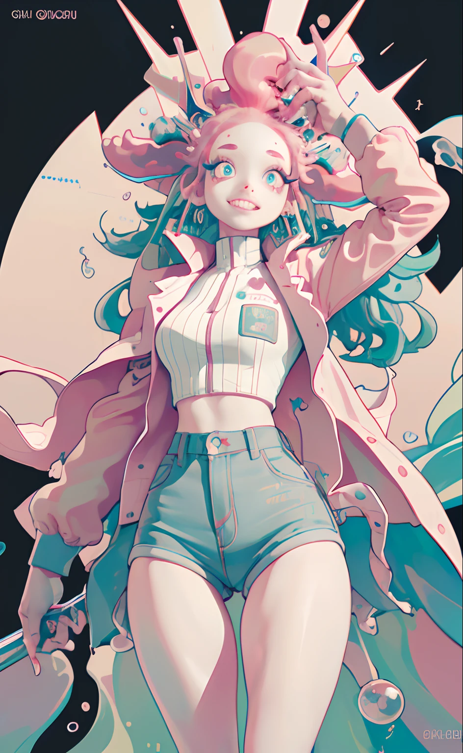 (Masterpiece, Best quality, A high resolution, Ultra detailed:1.2),Deepen finger detail, (Solo, 1girll, Cowboy shot), Dokumiku, double tails, mitts, goggles on head, multicolored hair, Pink eyelashes, Purple eyes, Green jacket, Break, grin, teeth, (Dynamic pose, crazy, Mad scientist), (multicolored background)