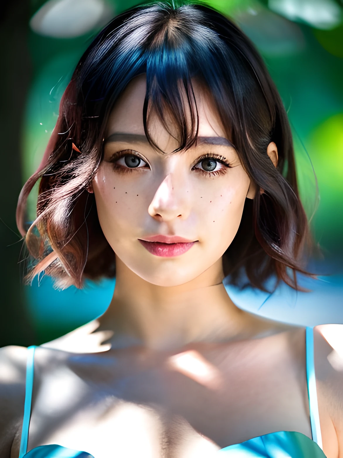 japanaese girl, albino, handsome girl, one girls, Detailed leather, ultra -detailed, shapely body, (beautiful short hair), beautiful breasts, blushful, photorealistic image, realistic face, Realistic eyes, slight smile, (((Colorful))) ,(((décolleté))), (freckles), (eye liner), (mascara), (extremely detailed CG 8k wallpaper), (extremely delicate and beautiful), (tmasterpiece), (beste-Qualit: 1.0), (ultra highres:1.0), Beautiful lighting, perfect  lighting, realistic shadows, [hight resolution], hair light