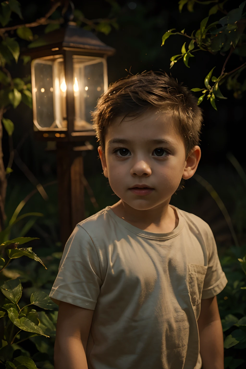 (8K, Top Quality, Masterpiece: 1.2), (Realistic, Photorealistic: 1.37), super detaill, young boy, wide high angle view, Firefly Garden, Lots of little faint light and fireflies, flying around, night time