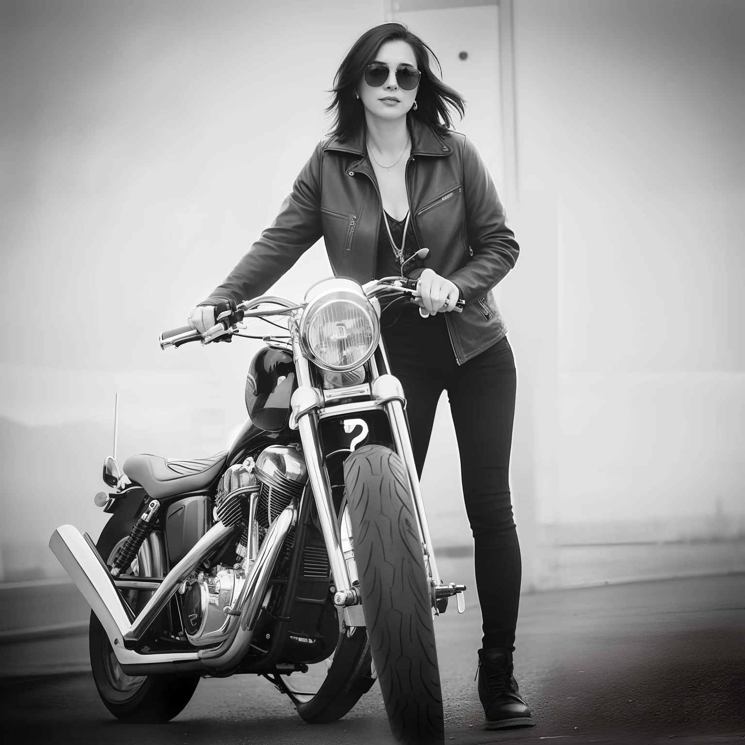rk-studs, a female biker wearing studded leather outfit riding a vintage a harley davidson on a night city road.