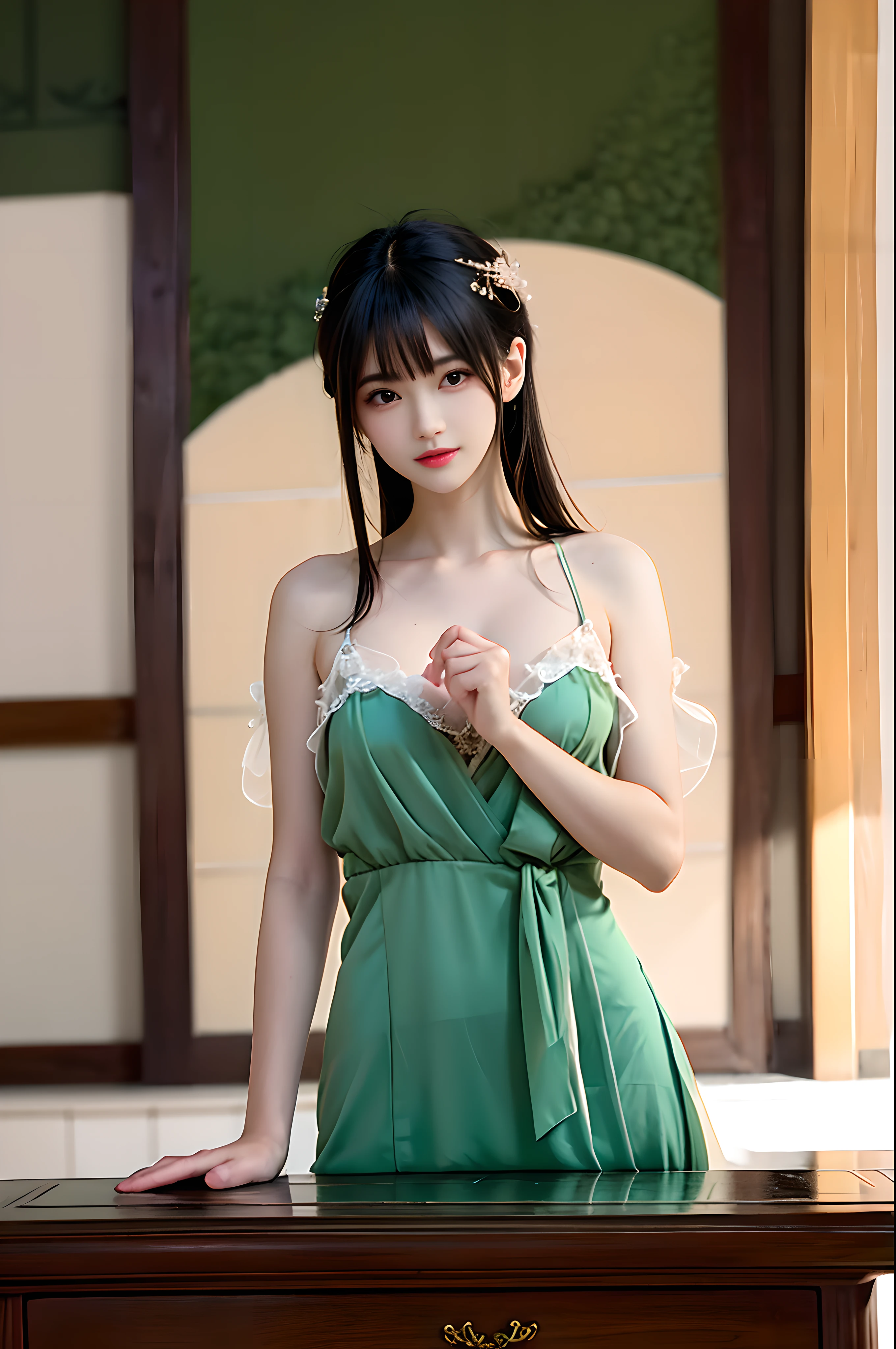 unbelievable Ridiculous,hugefilesize,ultra - detailed,the heirs,The is very detailed,Best quality at best,tmasterpiece,An extremely delicate and beautiful,The is very detailed,CG,Solidarity,8k wallpaper,An Astonishing,finely detailled,tmasterpiece,Best quality at best,offcial art,extremely detailed CGunity8k wallpapers,The upper part of the body,tmasterpiece,Need,(真实感:1.4),A high resolution,long whitr hair,Jewelry hairpins,breast enhancement,Riverside rocks or temples or bridges,Green dress,Luxuriously silky bright red chiffon overshine(illusion,glitters,Ultrathin,softness),Hanfu,ssee-through,Bigchest,There are very deep,There is light in the chest,Looming,Extremely Delicately Beautiful,Delicate collarbones,beautiful make up,Exquisite and perfect facial features,looking toward the viewer,photon maping, Radio City, physically-based renderingt, above waist