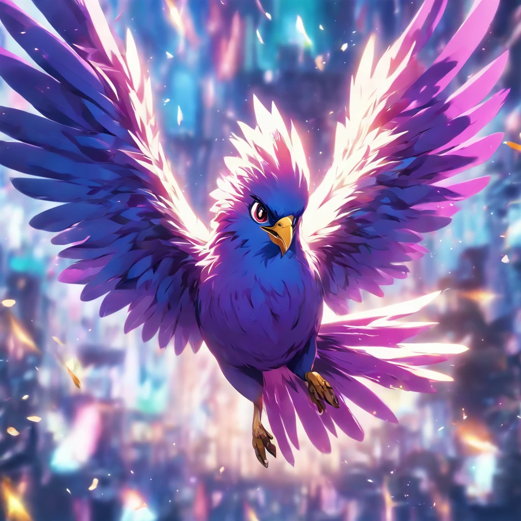 (best quality, high-res, realistic:1.37), full body, small bird flying, purple feathers, small coin, detailed wings, vibrant colors, soft light, white background, symbol