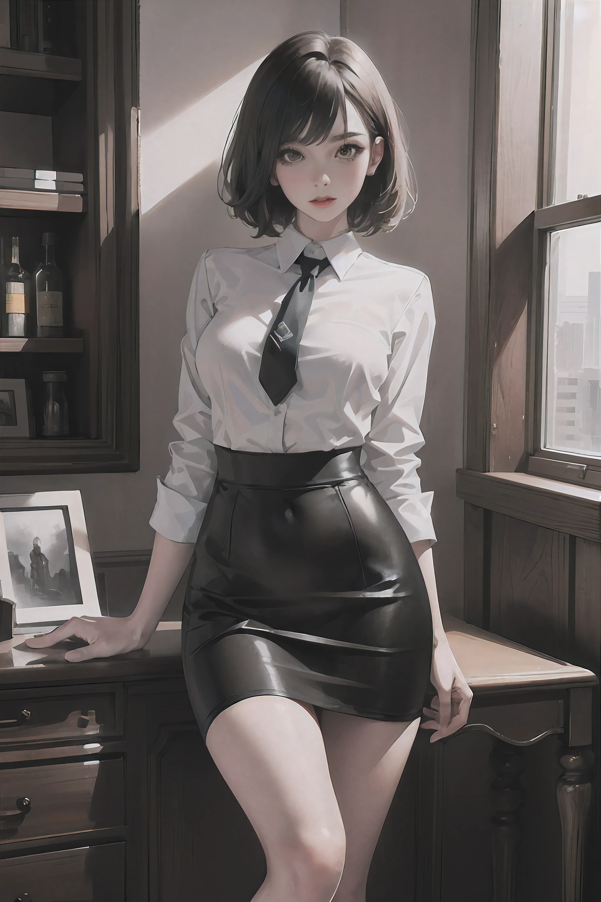 (best quality,official art,high resolution,4k,portrait,realistic,ultra-detailed),1 women, capture whole body, black short hair, hourglass body, office clothes, shirt and tie, black skirt, black lips, great figure