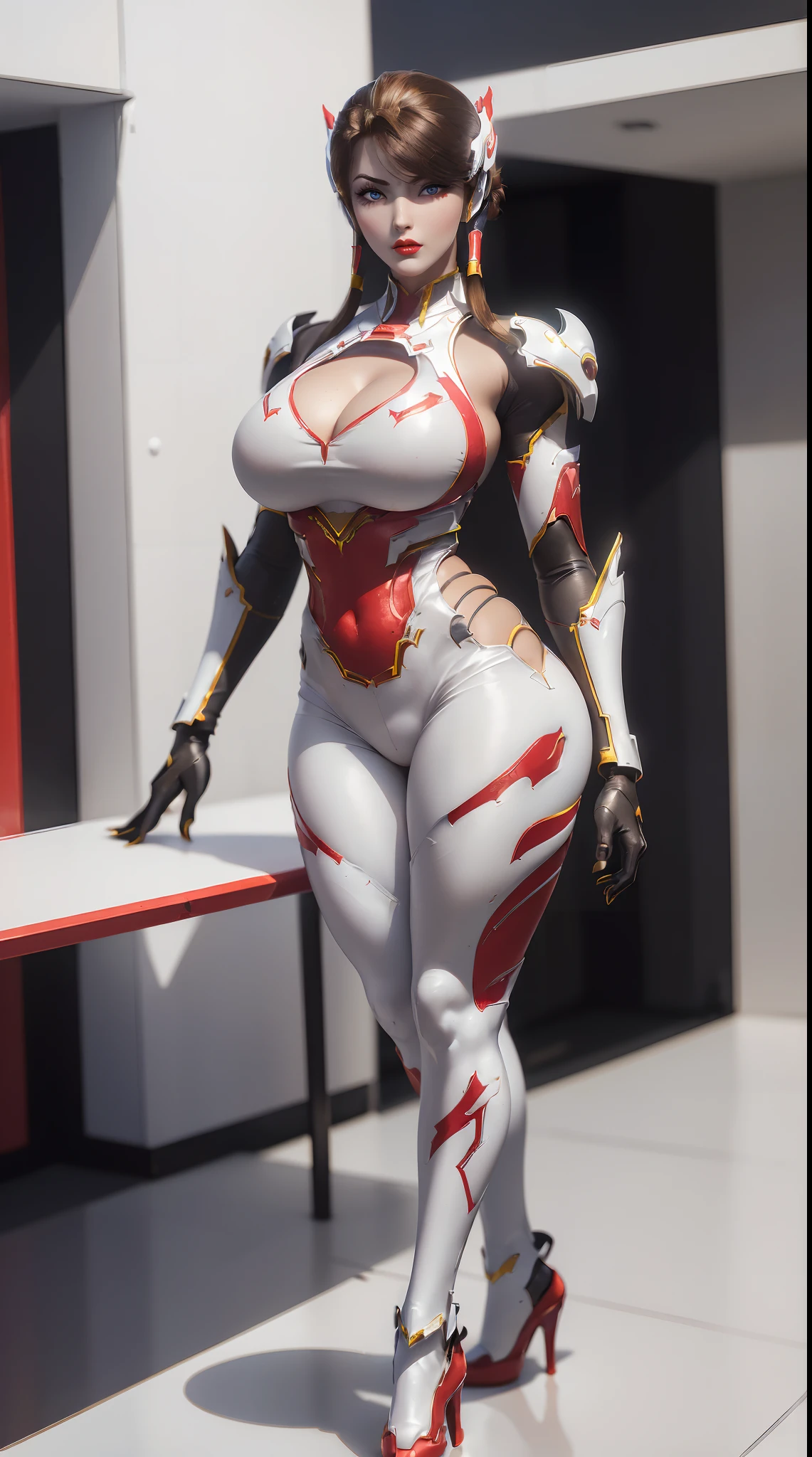 (1GIRL,ALONE:1.5), (super detailed face), ((mecha phoenix head:1)), (BIG BUTTOCKS, HUGE FAKE BREASTS:1.5), (CLEAVAGE TOP:1.3), (MUSCULAR ABS:1.2), (MECHA GUARD ARM:1.4), ((WEAR WHITE RED MECHA OVERWATCH ARMOR SUIT, BLACK MECHA SKINTIGHT SUIT PANTS, MECHA GUARD ARMOR LEGS, HIGH HEELS:1.5)), (THICC MUSCULAR FEMALE BODY), (GLOWING SKIN:0.8), (LONG LEGS, FULL BODY:1.1), (LOOKING AT VIEWER:1.3), (female focus:0.886), (WALKING DOWN HALLWAY OF FUTURISTIC SPACE STATION:1), (BRIGHT LIGHT WHITEROOM:1.3), SUPER TEXTURE, UNREAL ENGINE RENDER, PHYSICALLY-BASED RENDERING, ULTRA HIGHT DEFINITION, 16K, 1080P.