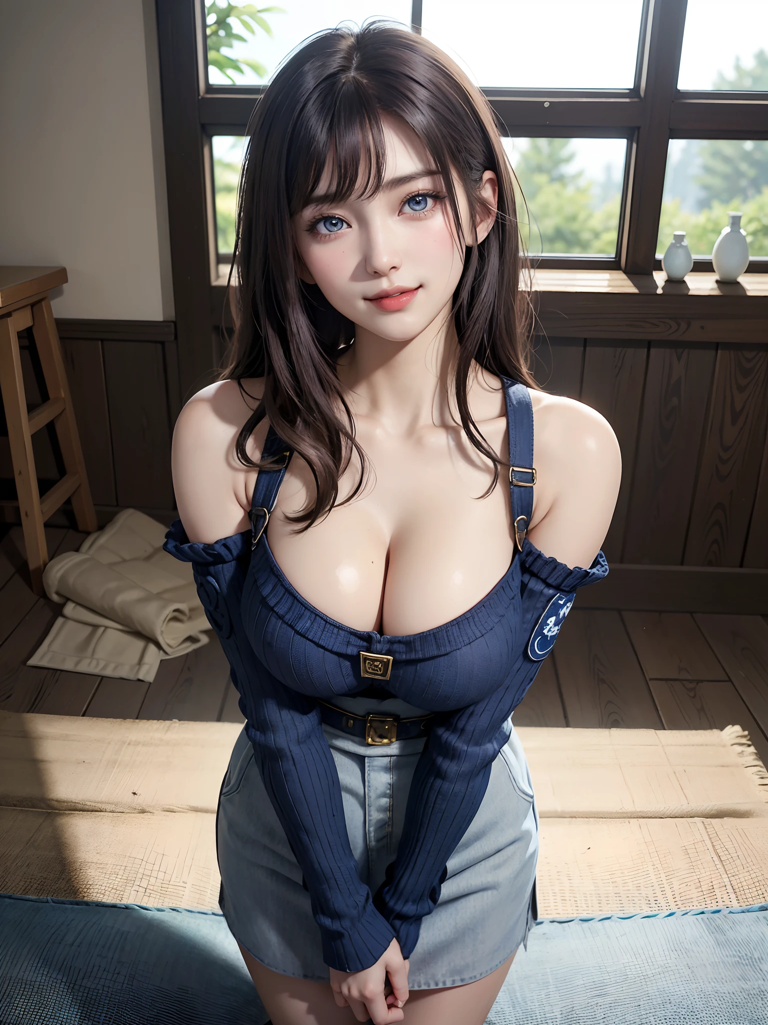 ((top-quality、Top image quality、The ultra -The high-definition、Draw in ultra-high definition、独奏、Look firmly at the camera、Bright light aquamarine blue colored eyes、Very beautiful adult Nordic woman、Strong highlights of the eyes))、1人、realisitic、depth of fields、natural soft light、during daytime、魅惑的、beauitful face、Cleanliness、Pure face、de pele branca、kawaii、short-hair、the beach、rays of sunshine、nedium breasts、full body Esbian、((Light dark blue sweater、Quite thick shoulder straps,、Roll up your sleeves and stick your arms out、Golden Ratio Beauty Face、{Gigantic|Big|Huge|Mega} breasts, cleavage、very beautiful big udder、beautiful and very large udder、I opened my chest、Show to the audience、Expose your hips、Expose your shoulders、Lean forward to show off your breasts))、long neck、Put your ears out、Clean short bob hair with bangs、asymmetrical bangs、Very smiling、Perfect fingers、perfect hand、Perfect body、face perfect、Shine a light into the eyes、Perfect Anatomy、tall supermodel、Long-legged supermodel、Supermodel with a long neck、broad shoulders、Arms should be lowered to the sides、to stand、Bust from slightly above、Bright windowsill background、Smile at your audience、A smile、Laugh、So big today、Beautiful teeth、Beautiful teeth alignment、Chest wide open、beautiful decollete、Very beautiful sexy woman with a lot of exposure、Keep an eye on your audience、Look up at the viewer slightly above、Look up a little、Shadow Fade、A little natural light comes in from all directions