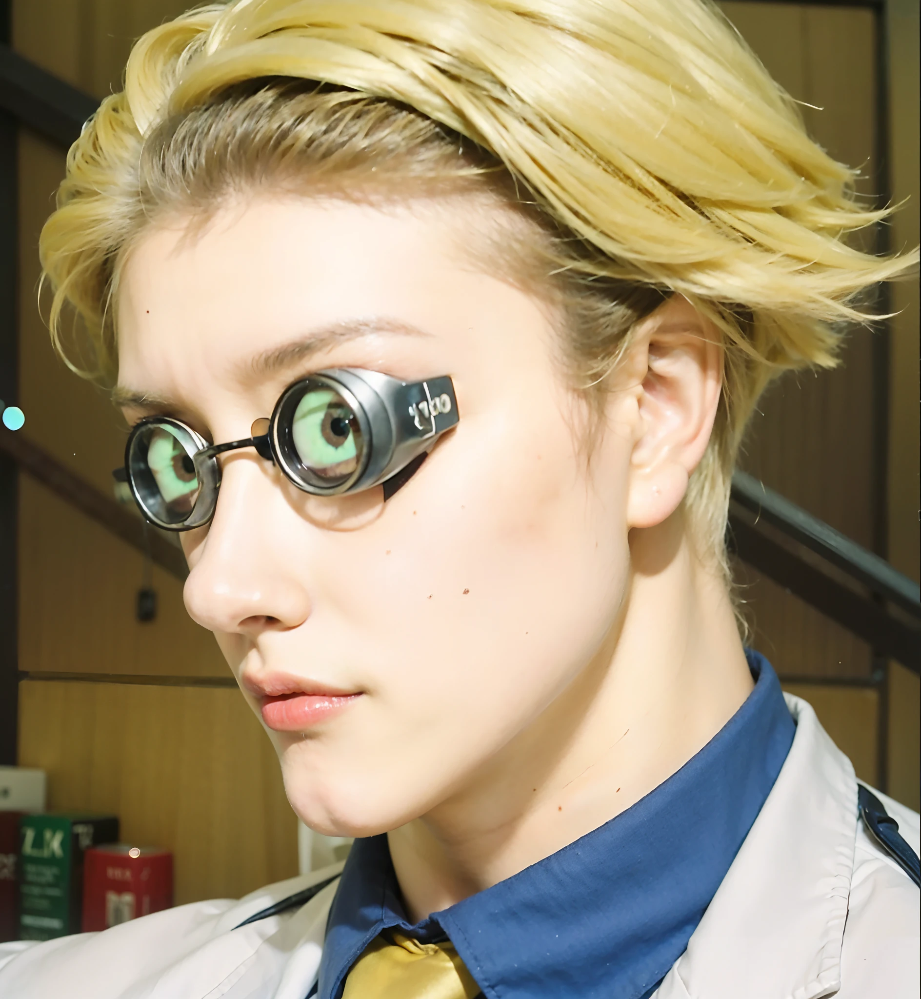 blond haired man with glasses and a tie wearing a suit and tie, jjba, up close shot shinji aramaki, makoto shinka, he wears an eyepatch, kentaro miura art, johan liebert, High quality image, masterpiece, detailed hair texture, detailed skin texture, detailed cloth texture, 8k, add fabric details, ultra detailed skin texture, ultra detailed photo, skin pores, cloth details, high skin details, realistic hair details, imperfections details, imperfections textures, imperfections skin