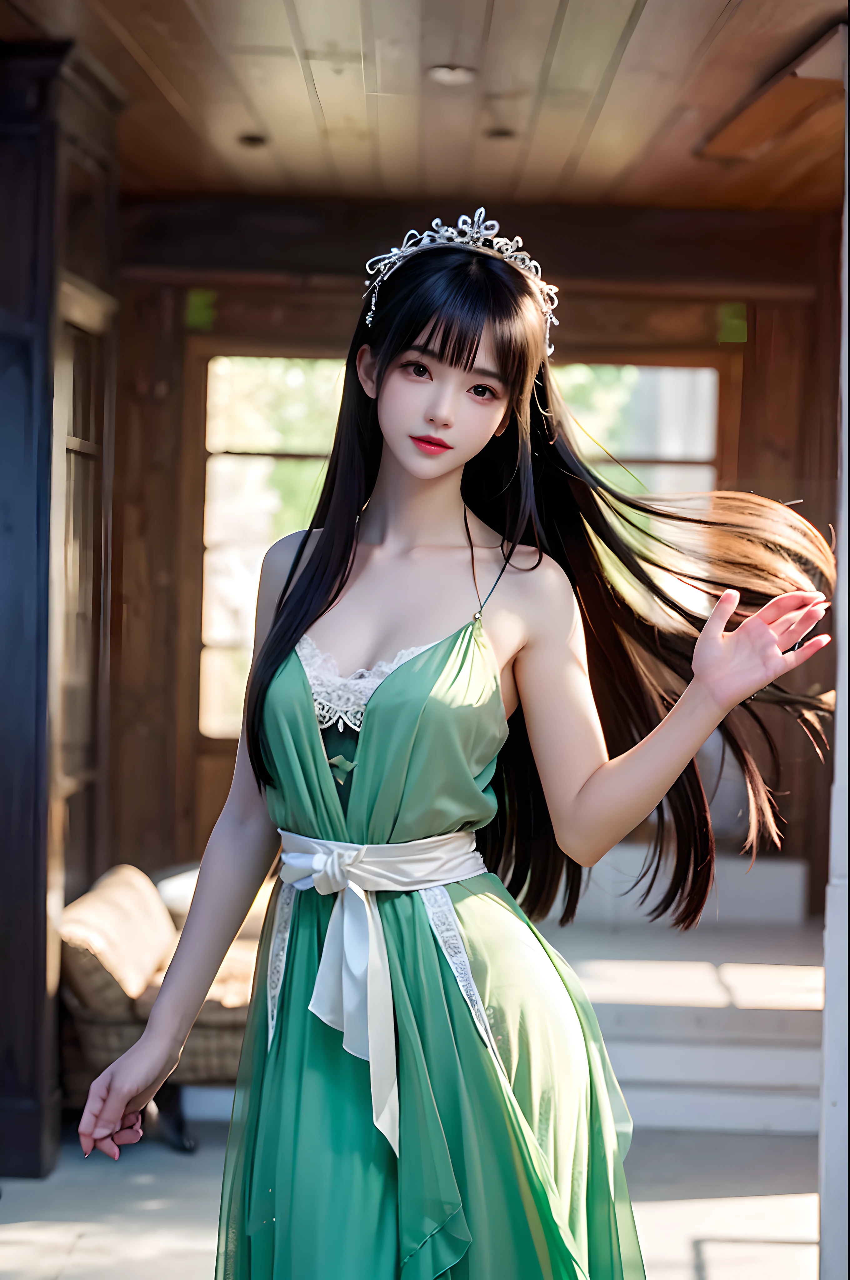 masterpiece, best image quality, high quality, beautiful woman, popular korean makeup, detailed, swollen eyes, detailed eyes, detailed skin, beautiful skin, super high resolution, (reality: 1.4), very beautiful, slightly younger face, beautiful skin, slim, (super realistic), (illustration), (high resolution), (very detailed) (best illustration), (beautiful detailed eyes), (super detailed), (wallpaper), (detailed face), looking at the audience, fine details, Detailed face, pureerosfaceace_v1, smile, look straight ahead, look straight ahead, angle from waist up, realistic photos, bright lights, professional lighting, black hair (some green), long hair, dark ruins, big red moon, gorgeous red and black dress, mature woman, long and stylish bangs,