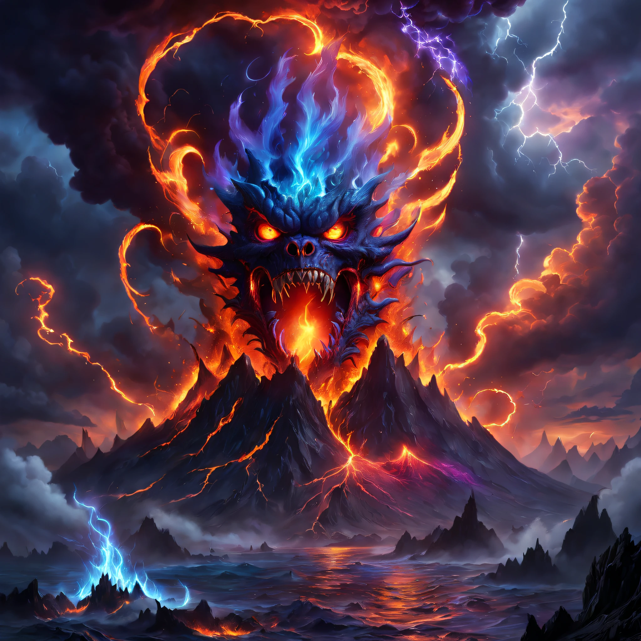 Doomsday landscape,a volcano erupts,fire glow,blasts,molten lava,A devil's face emerged from the smoke,a sea of fire,Paired with purple and blue, fantasy highly detailed, With gorgeous magic lightning rings, magia, beautiful detailed fantasy, hyper-high detail, , magic fantasy highly detailed, stuning fantasy 3 d render, Inspired by L. Highly detailed aesthetics, hyper-high detail