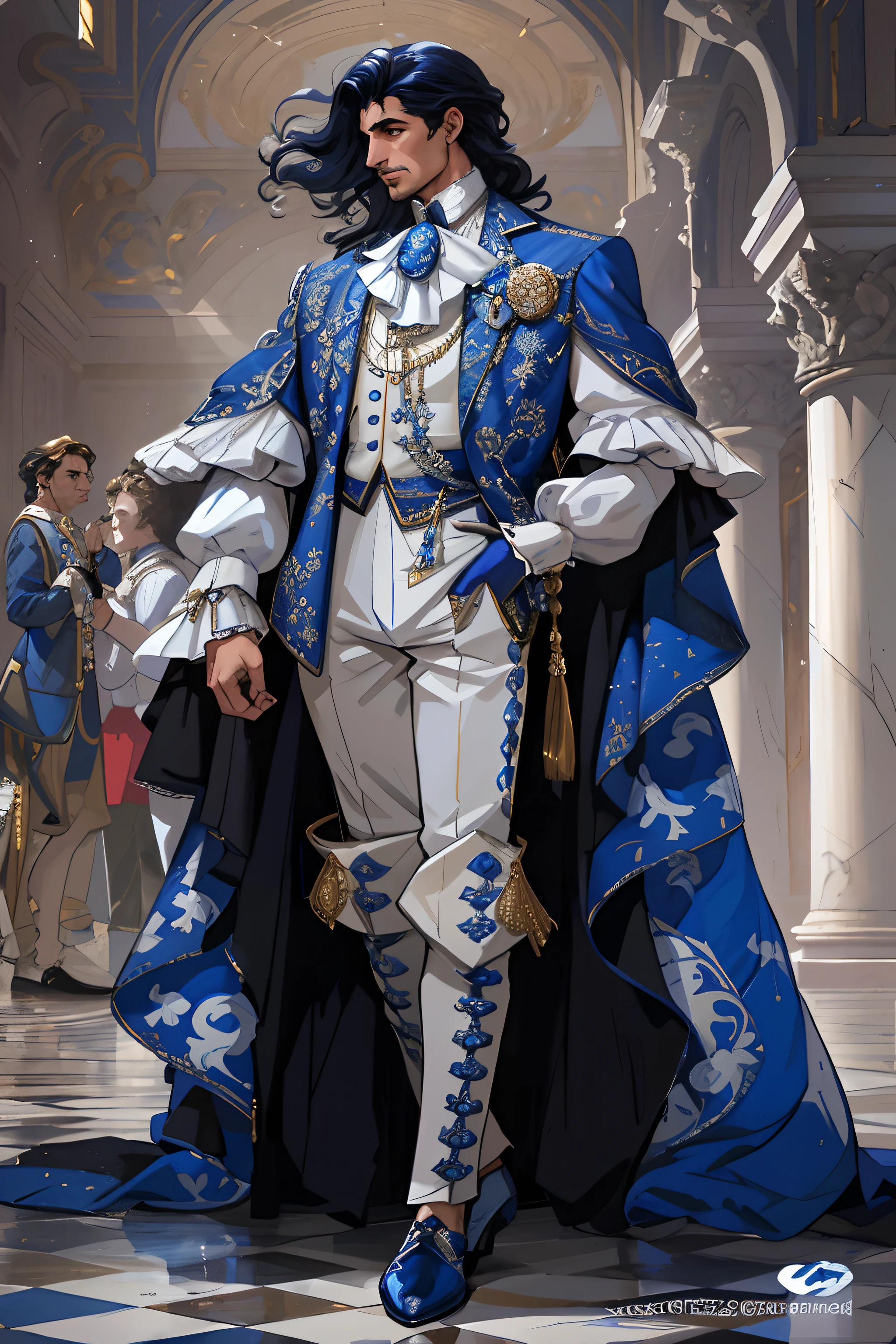 Arafad image of a man dressed in blue and white, Costume with blue accents, very detailed and rich clothing, highly detailed exquisite fanart, imperial royal elegant clothing, Beautiful character painting, majesty in noble clothes, Beautiful androgynous prince, rococo cyberpunk, clothed in ancient suit, aristocratic appearance, inspired by Mirabello Cavalori, aristocratic clothes