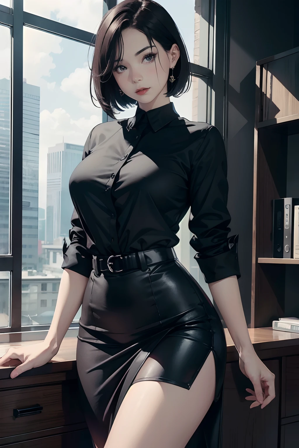 (best quality,official art,high resolution,4k,portrait,realistic,ultra-detailed),1 women, capture whole body, black short hair, hourglass body, office clothes, white shirt, black skirt, black lips, great figure