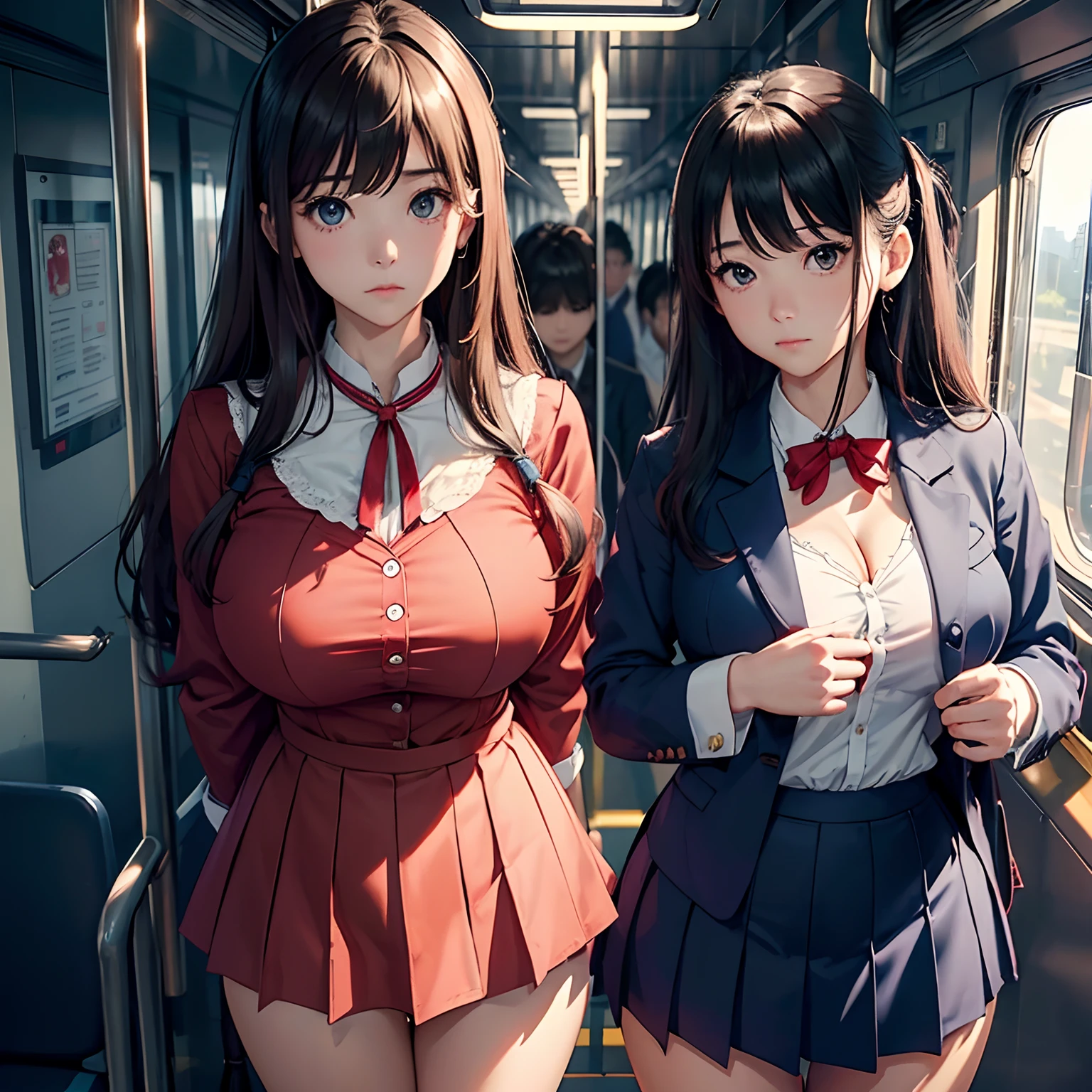 hi-school girl、Dark blue blazer、white shirt、no-bra、Red Big Ribbon、(Super Mini Flared Skirt), lowfers,Light brown longhair、Light brown eyes、(Shy look)、(Photorealsitic)、(intricate detailes:1.2)、(masterpiece、:1.3)、(top-quality:1.4)、(超A high resolution:1.2)、超A high resolution、(huge-breasted:1.5)、cleavage of the breast、(A detailed eye)、(detailed facial features)、8K分辨率、beauty legs、facing the front there、frombelow、Standing on the train