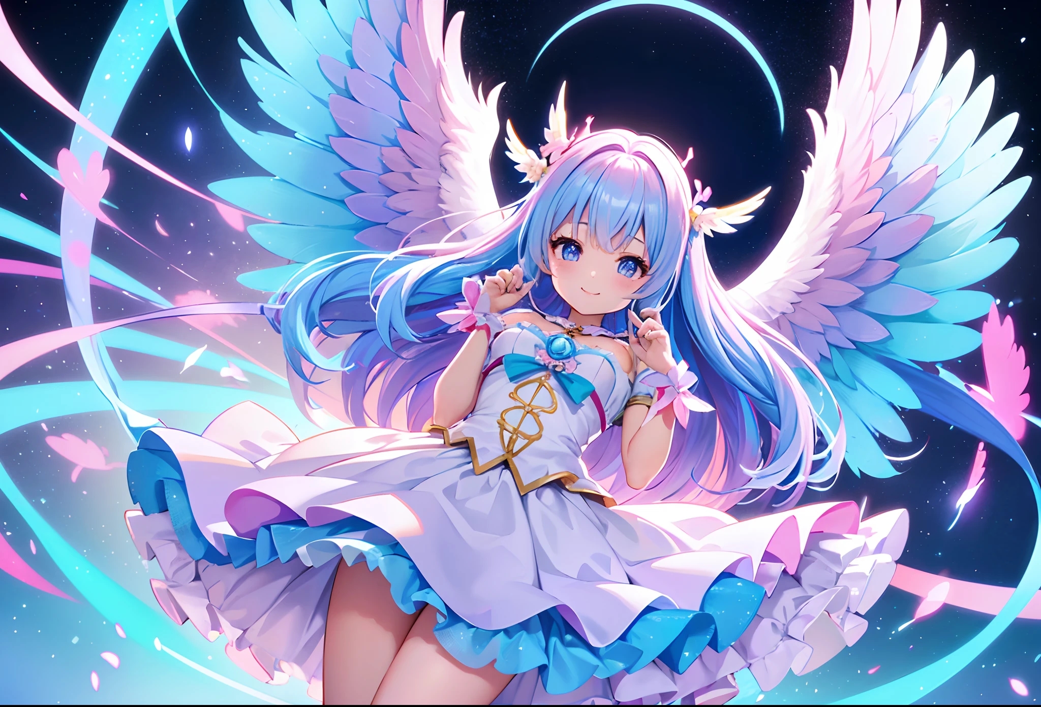 Colorful glowing angel wings、Kawaii Girl、adorable smiling、Light blue long hair、Twin-tailed、Colorful angel costume、Pink and white costume ((top-quality))、((masterpiece))、(ighly detailed、highestdetailed、Official art、Beautifully Aesthetic:1.2)