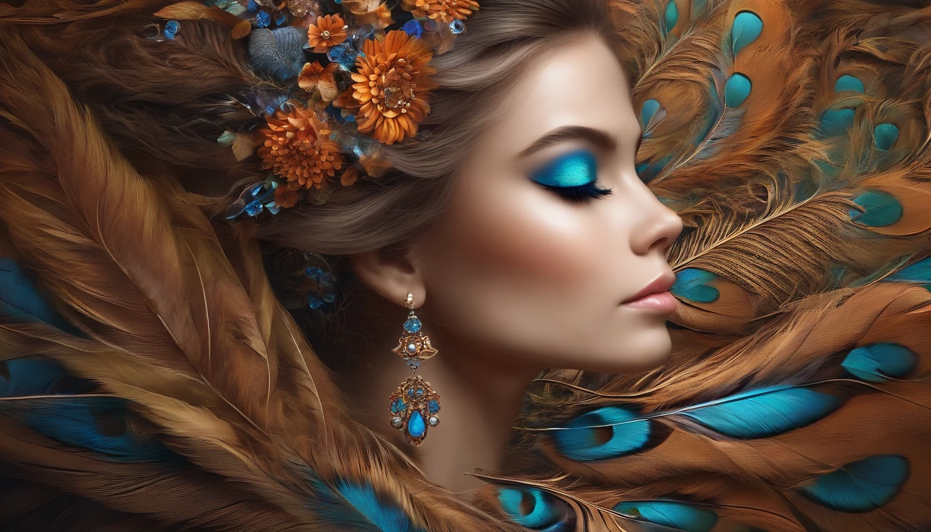 (1girl, solo, from side), extremely detailed, (abstract background, zentangle, fractal art:1.3), (many colors, colorful:1.1), (feathers, petals, flowers:1.3), dynamic pose, earrings