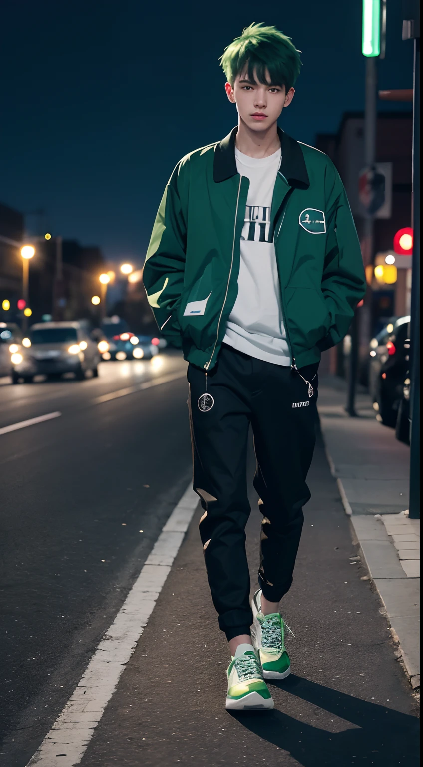 20 year old man, he wears a green jacket, he wears black trousers, he wears white sneakers, he has short green hair, he is stylish, he is in the city on night, beautiful night sky, very realistic, very detailed