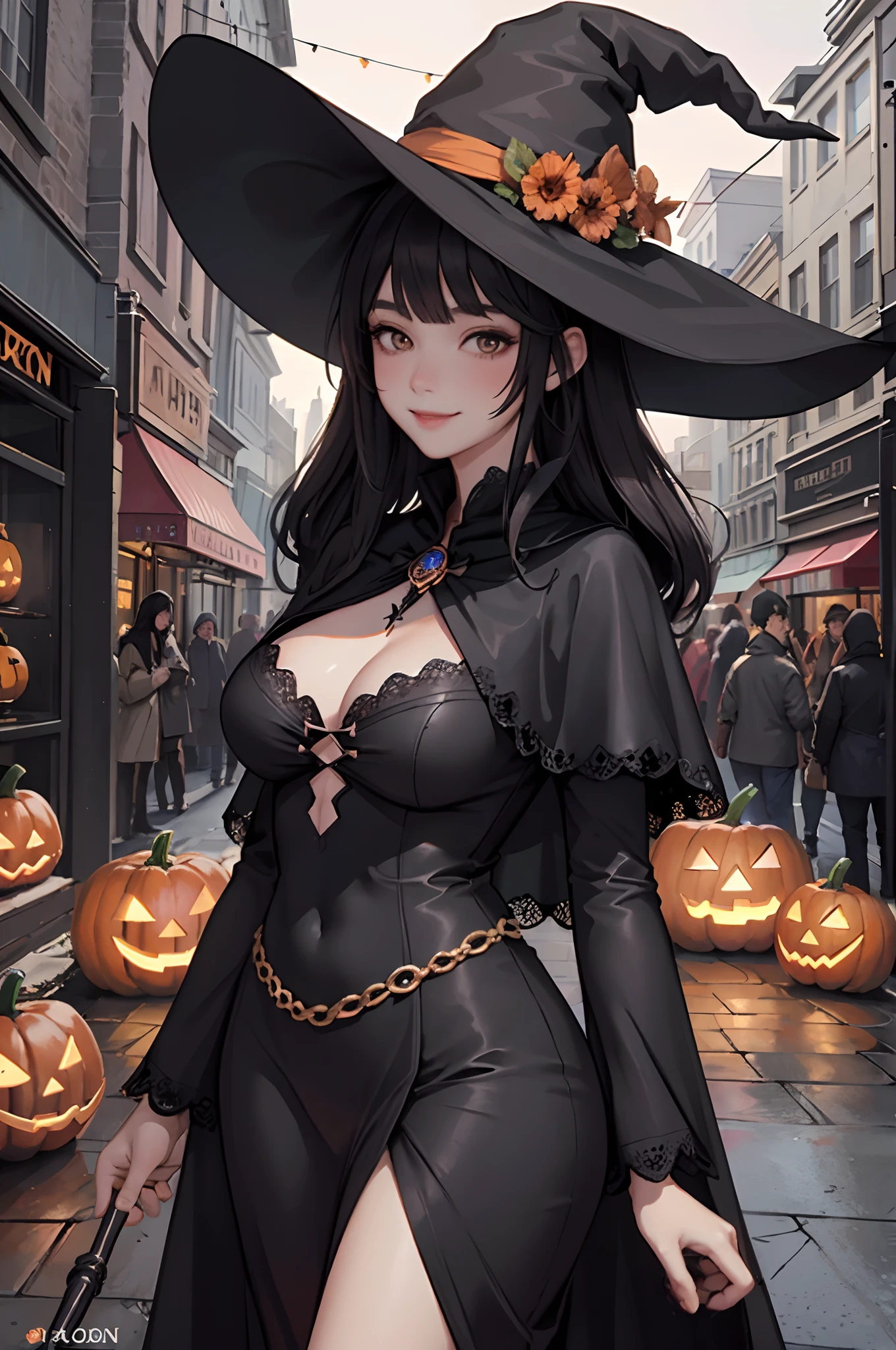 1lady standing, /(witch costume hat/) /(black capelet/), /(black hair/) bangs, blush kind smile, (masterpiece best quality:1.3) delicate illustration ultra-detailed , large breasts BREAK /(shopping streets/) outdoors, jack-o'-lantern haloween parade, crowded audience