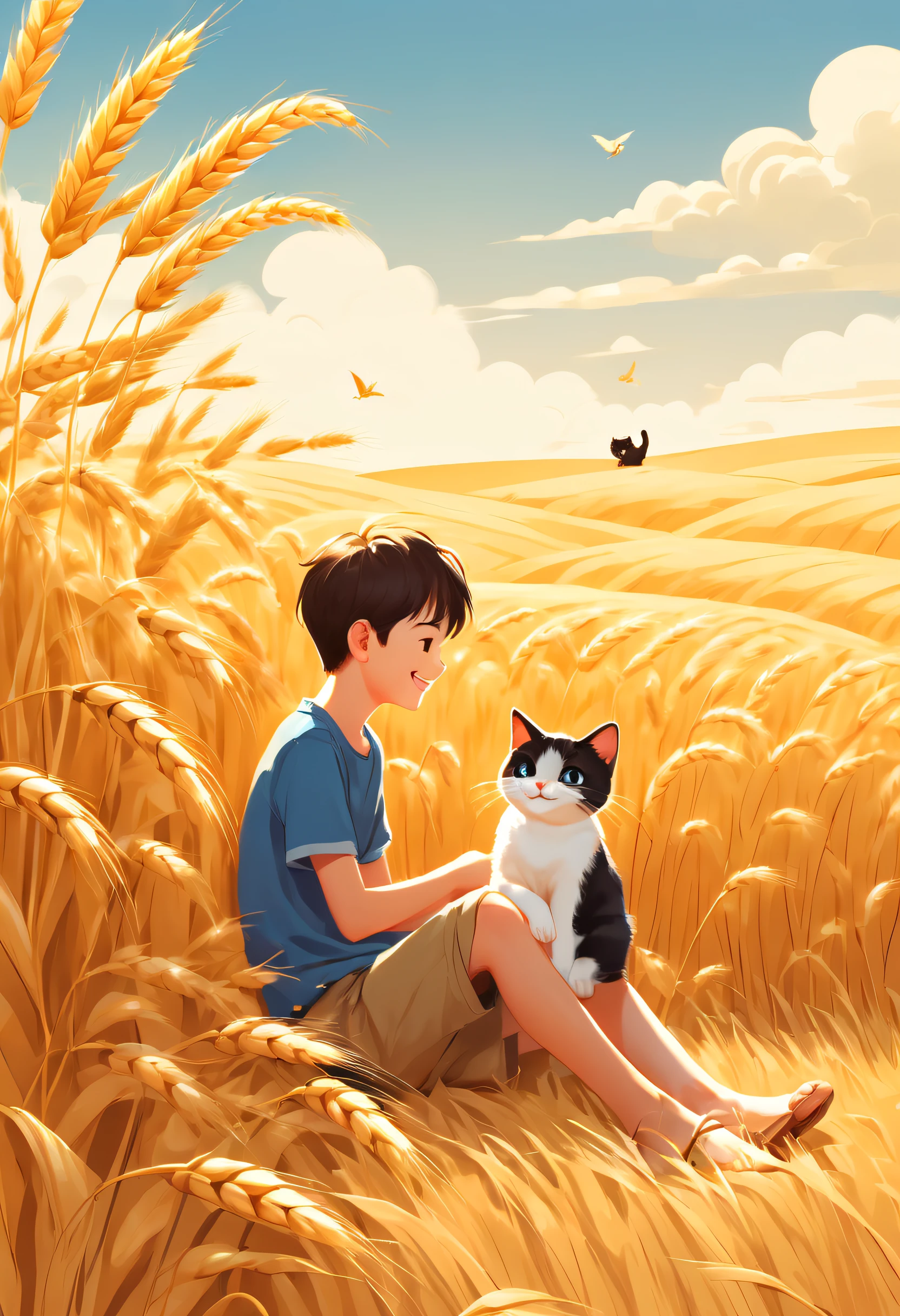 （Golden section composition），（Golden ratio），（A boy with：1.5），Sit in the shade of a golden wheat field，Play with 1 cat，Ears of wheat grow tall，ssmile，The bird，grassy fields，Picnic cloth，blue-sky，baiyun，cartoony，Flat illustration，a warm color palette