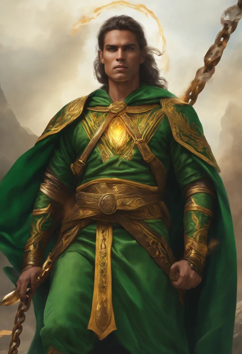 a small warrior in green clothing with yellow chains holding a triangular shaped fire sword on white background