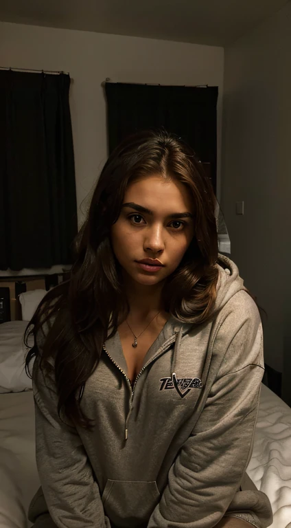 1 girl on bed, very pretty, 23 years old, tanned, long hair, brown hair, brown eyes, sharp eyebrows, big lips, realistic, moody, wearing hoodie, far away, looking sad