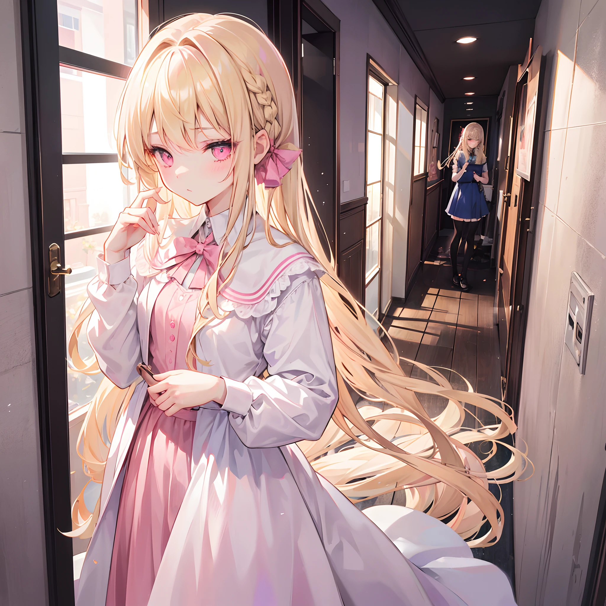 Long blonde hair scattered behind him,Pink eyes,Girl in white dress,She was fiddling with her hair in front of the small mirror in her hand,Medium build,high school senior,In the hallway next to the school department,Blushlush,eye shadows,tmasterpiece,Delicate girl