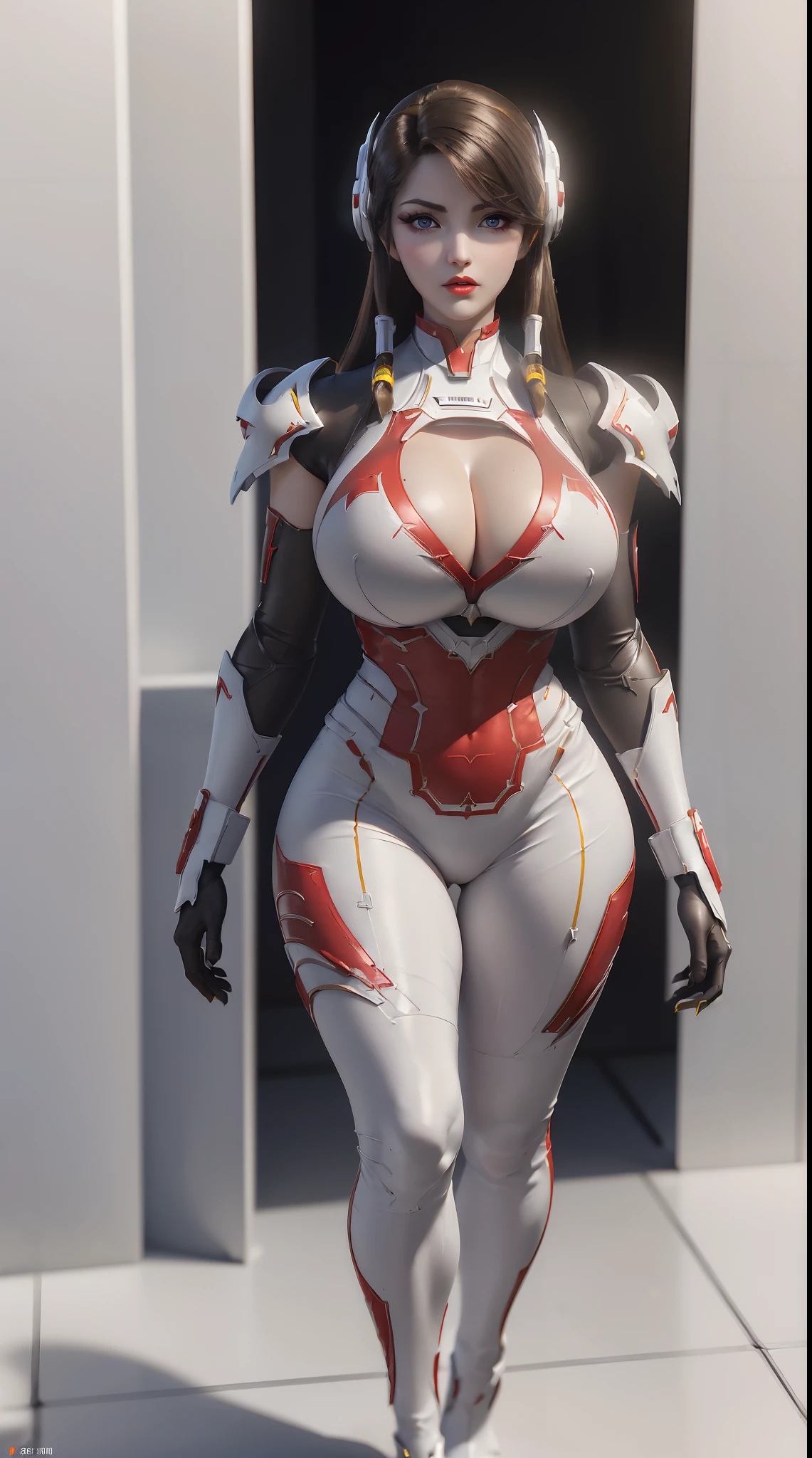 (1GIRL,ALONE:1.5), (super detailed face), ((mecha phoenix head:1)), (BIG BUTTOCKS, HUGE FAKE BREASTS:1.5), (CLEAVAGE TOP:1.3), (MUSCULAR ABS:1.2), (MECHA GUARD ARM:1.4), ((WEAR WHITE RED MECHA OVERWATCH ARMOR SUIT, BLACK MECHA SKINTIGHT SUIT PANTS, MECHA GUARD ARMOR LEGS, HIGH HEELS:1.5)), (THICC MUSCULAR FEMALE BODY), (GLOWING SKIN:0.8), (LONG LEGS, FULL BODY:1.1), (LOOKING AT VIEWER:1.3), (female focus:0.886), (WALKING DOWN HALLWAY OF FUTURISTIC SPACE STATION:1), (BRIGHT LIGHT WHITEROOM:1.3), SUPER TEXTURE, UNREAL ENGINE RENDER, PHYSICALLY-BASED RENDERING, ULTRA HIGHT DEFINITION, 16K, 1080P.