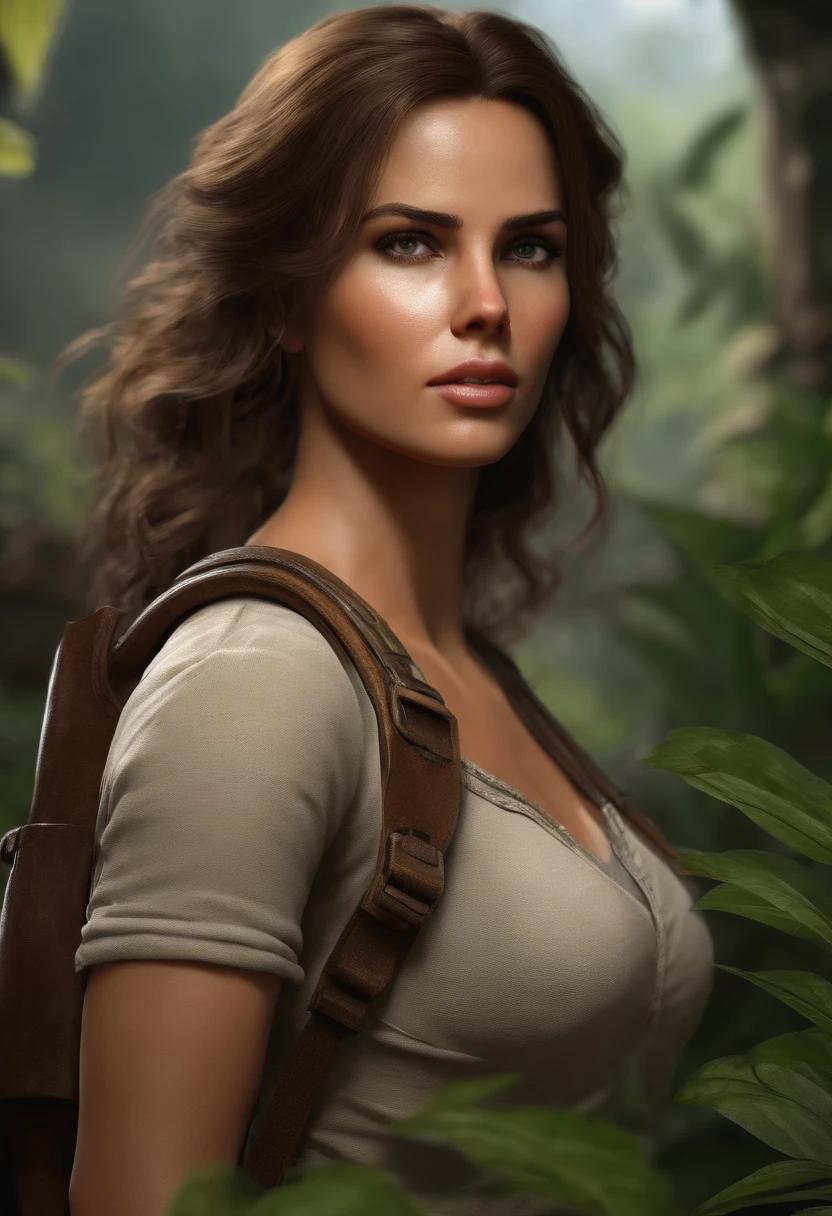 8k, highly detailed, very realistic, naughty busty brunette, 30-years-old, perfect face, masterpiece, big boobs, scratched dress, jungle, with her sons, tree house, hunting, bow and arrows
