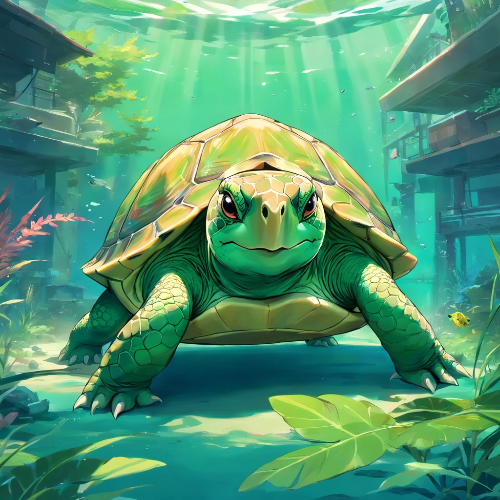 There is a turtle that is sitting on the ground in a tank, tartaruga envelhecida, tartaruga, meia tartaruga, A tartaruga simulada, casco de tartaruga, as an anthropomorphic turtle, olhando de lado e de baixo!,, an anthropomorphic turtle, olhar orgulhoso, muito bonito, Miguel Anjo, anthropomorphic turtle, Looking towards the camera