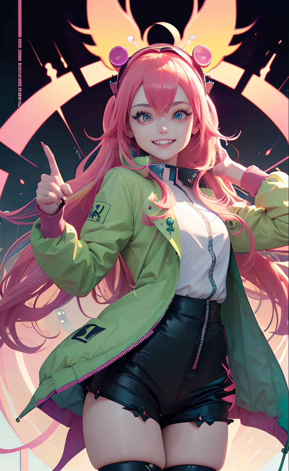 (Masterpiece, Best quality, A high resolution, Ultra detailed:1.2),Deepen finger detail， (Solo, 1girll, Cowboy shot), Dokumiku, double tails, mitts, goggles on head, multicolored hair, Pink eyelashes, Purple eyes, Green jacket, Break, grin, (Dynamic pose, crazy, Mad scientist), (multicolored background)