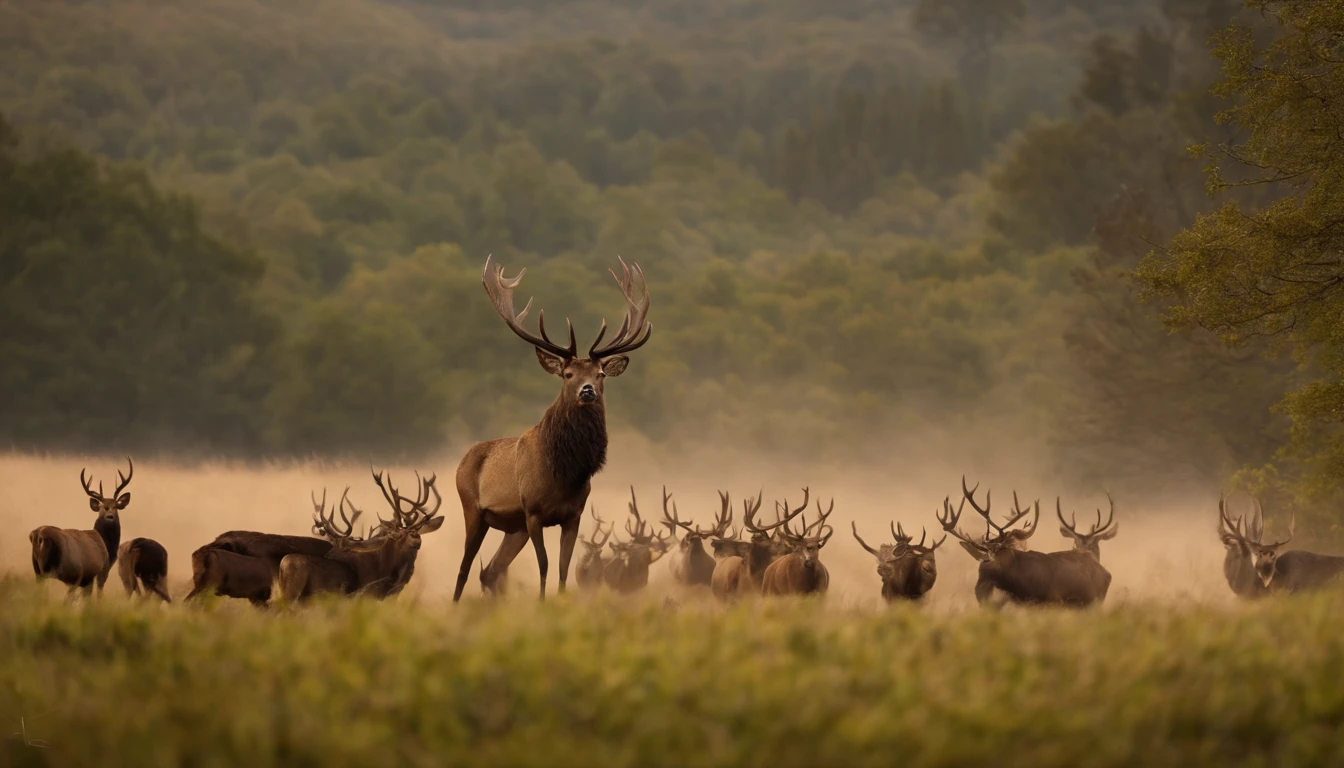 "Compose a 16:9 image that portrays a tense and dramatic wildlife encounter. Imagine a regal stag encircled by a pack of relentless hounds, with a vigilant huntsman in the background. The image should capture the moment of confrontation, emphasizing the stag's strength and the imminent danger it faces. Create a compelling scene that conveys the intensity of this wildlife pursuit, drawing viewers into the heart of the action."