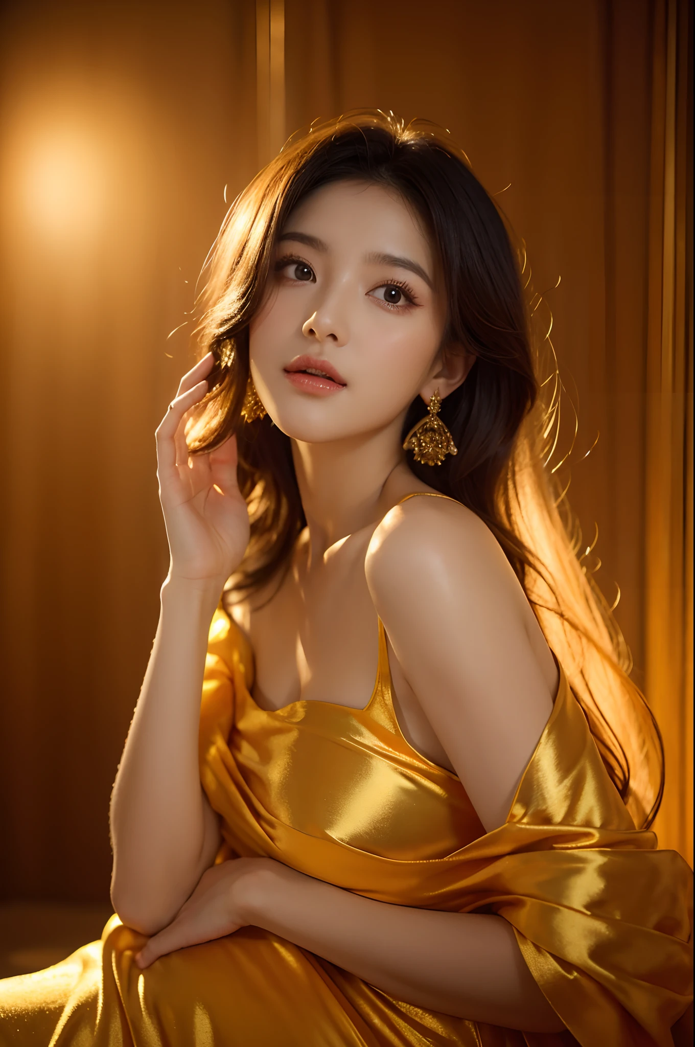 ((sfw)), photo of a girl a woman in a long dress is posing for a picture, draped in silky gold, greek goddess, wearing long gown, wearing a flowing dress, beautiful woman, (masterpiece), beautiful, ((best quality)), Gradient Lighting, bokeh background,