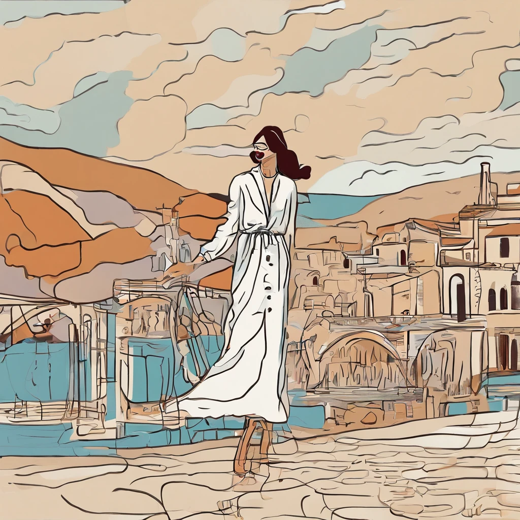 The girl walks with milk tea,《Art & Living》The cover of the magazine,Maximalism,Morandi colors,Hand painting style,Simple line drawing,Witty choreography,Dream illustration,poster for