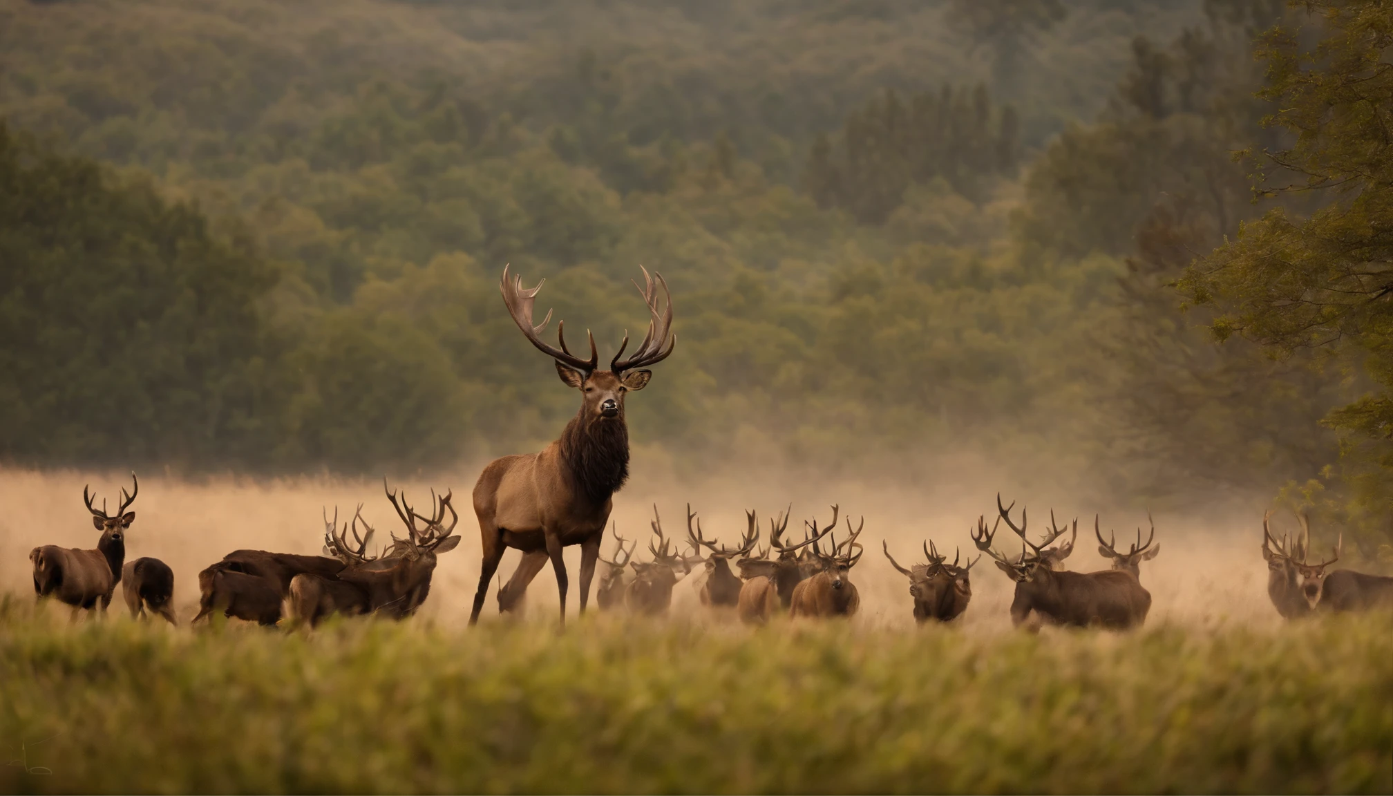 "Compose a 16:9 image that portrays a tense and dramatic wildlife encounter. Imagine a regal stag encircled by a pack of relentless hounds, with a vigilant huntsman in the background. The image should capture the moment of confrontation, emphasizing the stag's strength and the imminent danger it faces. Create a compelling scene that conveys the intensity of this wildlife pursuit, drawing viewers into the heart of the action."