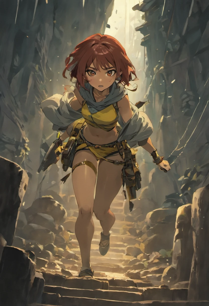 a confident and adventurous woman,exploring a mysterious tomb,ancient artifacts and treasures,dangerous environment,hint of danger,exotic location,action-packed scene,steep cliffs and deep caves,exploring in the rainforest,abandoned temple,secret passages and hidden traps,an Indiana Jones-style adventure,stealthily navigating through the darkness,carefully avoiding booby traps,illuminated by flickering torches,echoing sounds and distant echoes,ancient hieroglyphs and mysterious symbols,rich textures and detailed carvings,lethal weapons and tools,engaging in intense combat,expressive facial features and detailed expressions,sweat glistening on her forehead,dirt and scratches on her clothing,suspenseful atmosphere and thrilling anticipation,emphasize her strength and athleticism,showcasing her acrobatic skills,vivid colors and high contrast lighting,dramatic shadows and intense highlights,mysterious and atmospheric scenery,stormy weather and dramatic clouds,that evoke a sense of exploration and danger,Stable Diffusion generate a stunning depiction of Lara Croft's adventure.